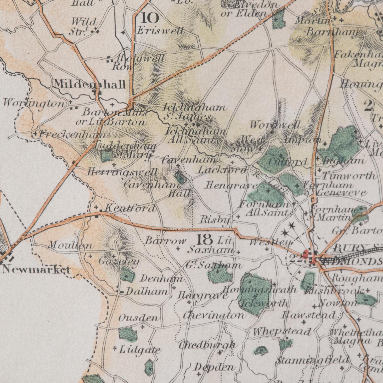 Mappa antica della contea, Suffolk, Inglese, Litografia incorniciata, Cartografia, Vittoriano in vendita 3