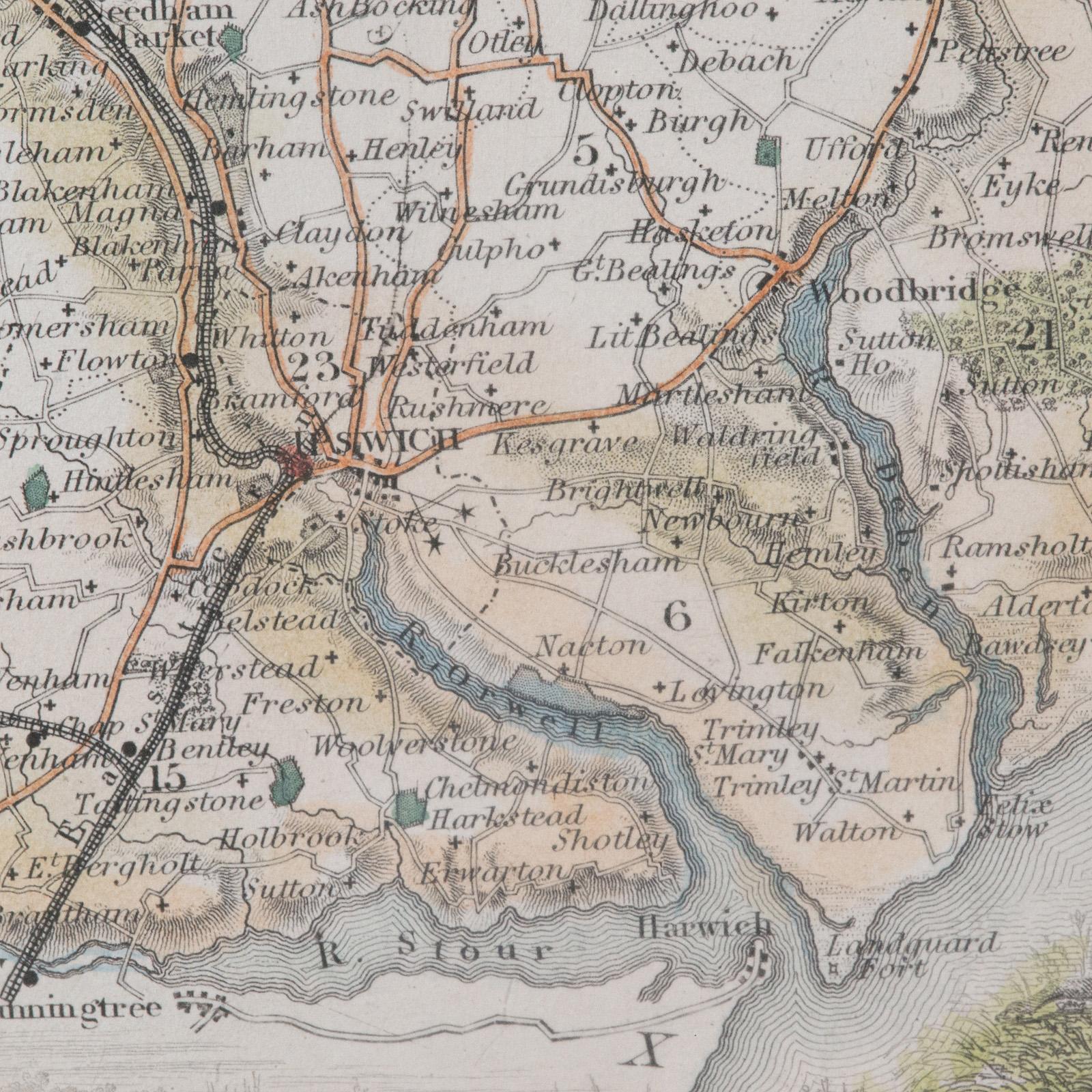 Mappa antica della contea, Suffolk, Inglese, Litografia incorniciata, Cartografia, Vittoriano in vendita 4