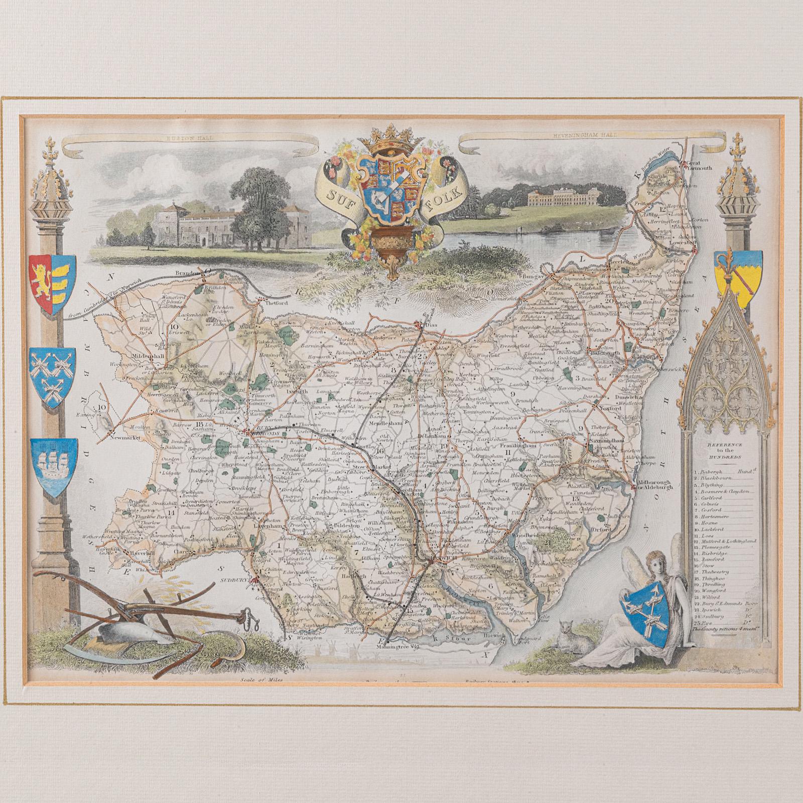 Britannico Mappa antica della contea, Suffolk, Inglese, Litografia incorniciata, Cartografia, Vittoriano in vendita