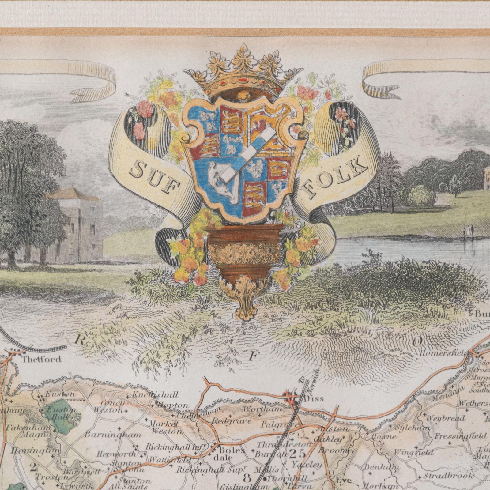Mappa antica della contea, Suffolk, Inglese, Litografia incorniciata, Cartografia, Vittoriano In condizioni buone in vendita a Hele, Devon, GB