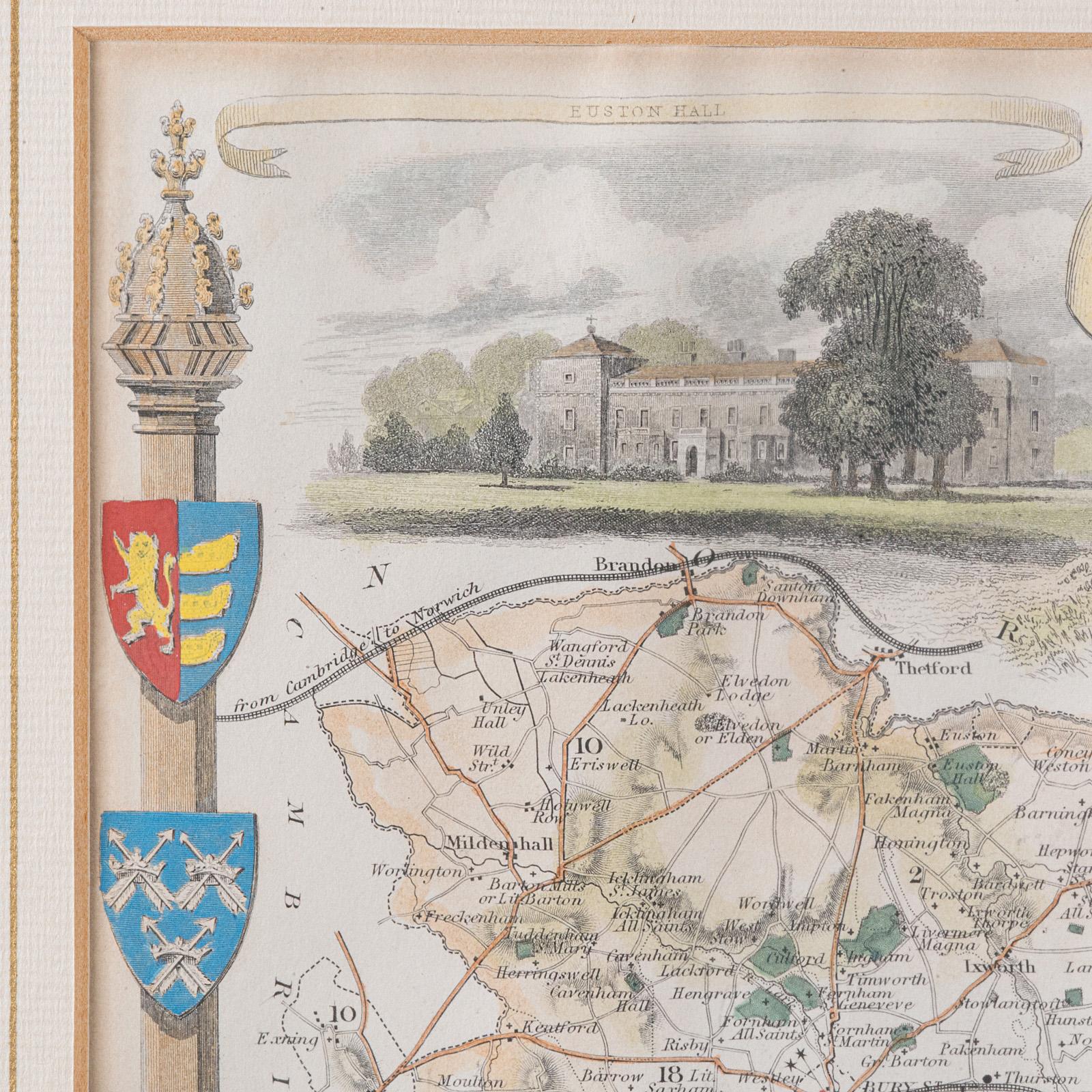 XIX secolo Mappa antica della contea, Suffolk, Inglese, Litografia incorniciata, Cartografia, Vittoriano in vendita