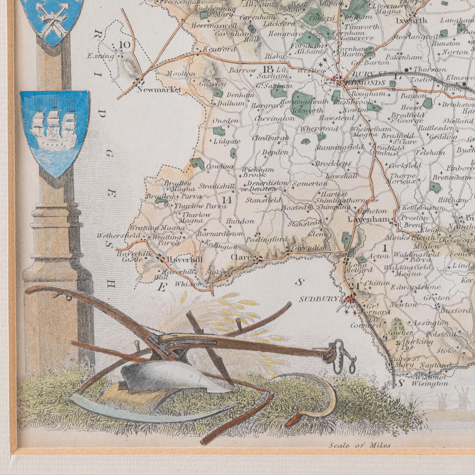 Carta Mappa antica della contea, Suffolk, Inglese, Litografia incorniciata, Cartografia, Vittoriano in vendita