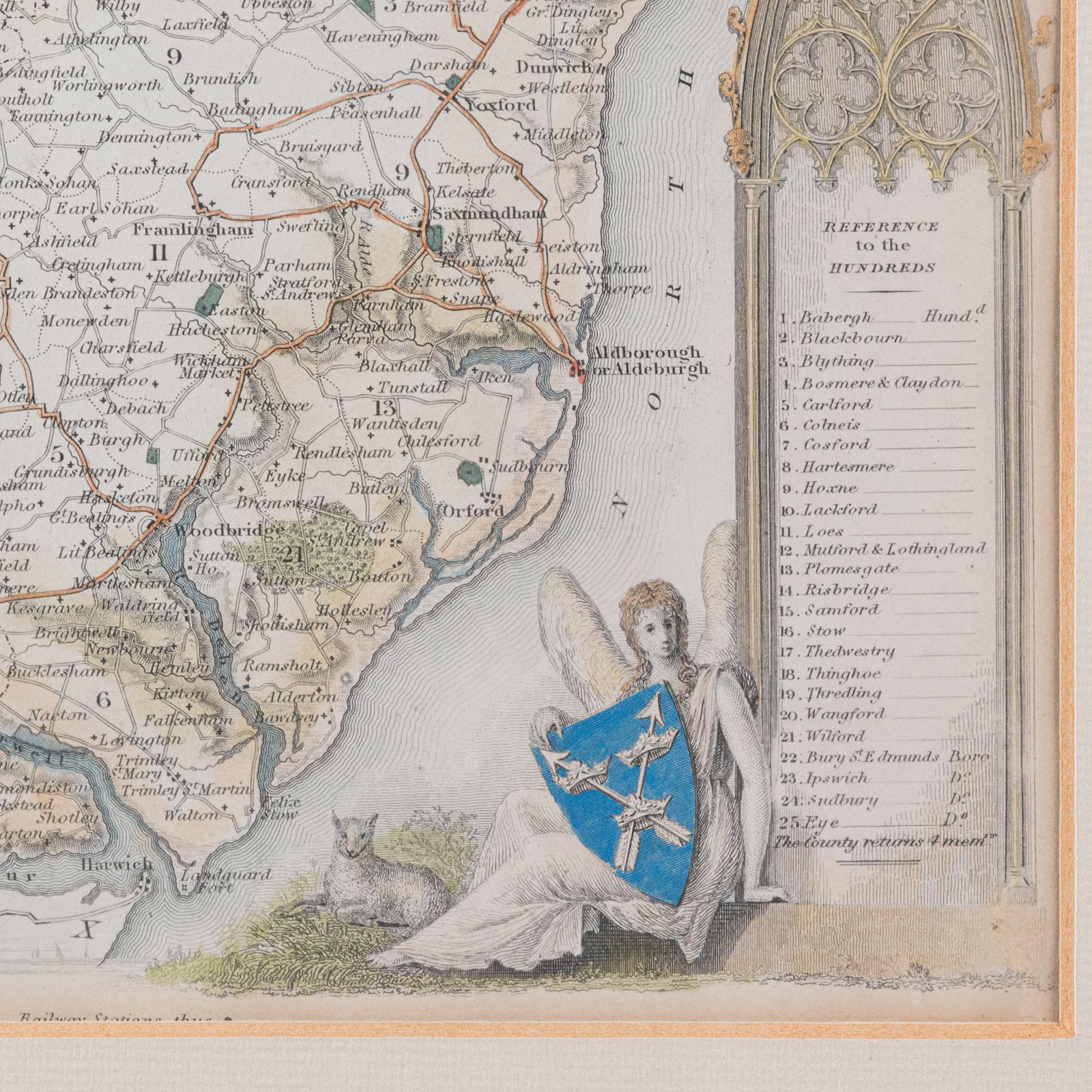 Mappa antica della contea, Suffolk, Inglese, Litografia incorniciata, Cartografia, Vittoriano in vendita 1