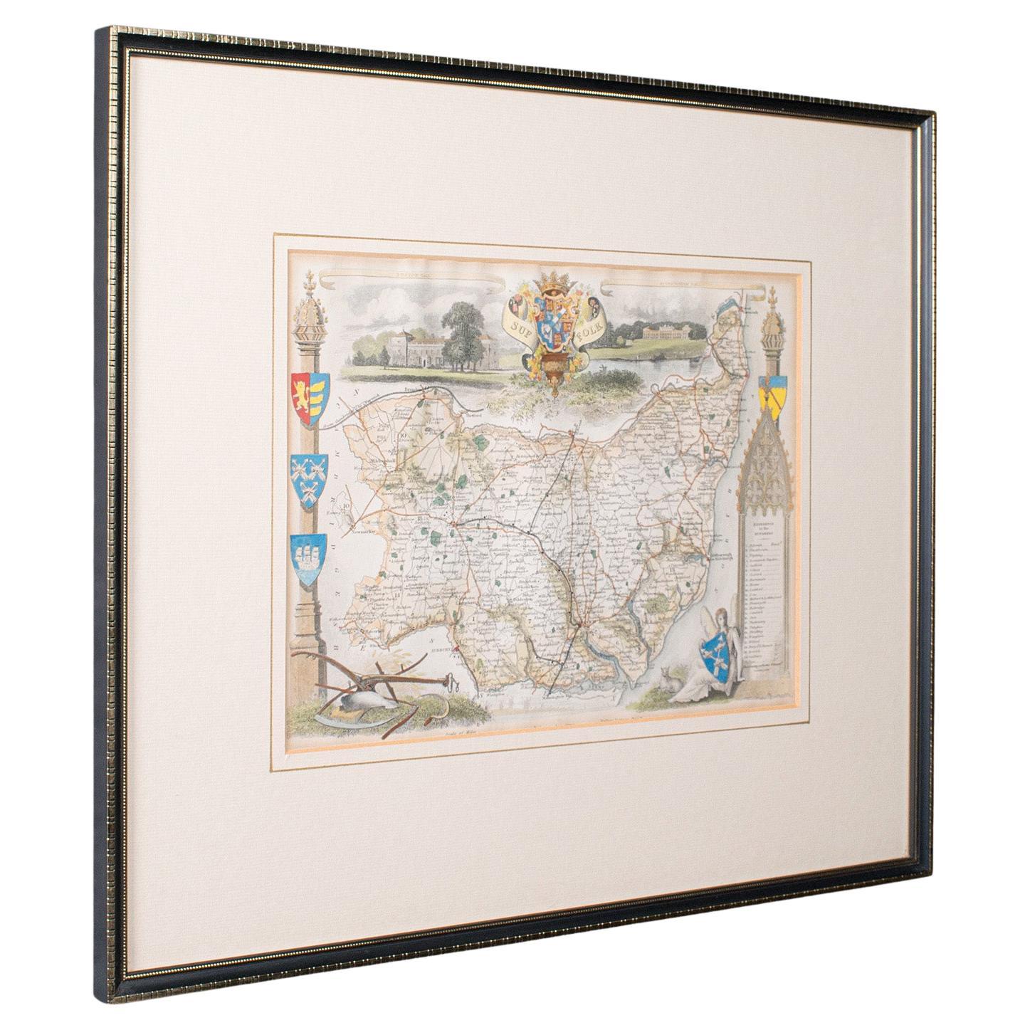 Mappa antica della contea, Suffolk, Inglese, Litografia incorniciata, Cartografia, Vittoriano in vendita