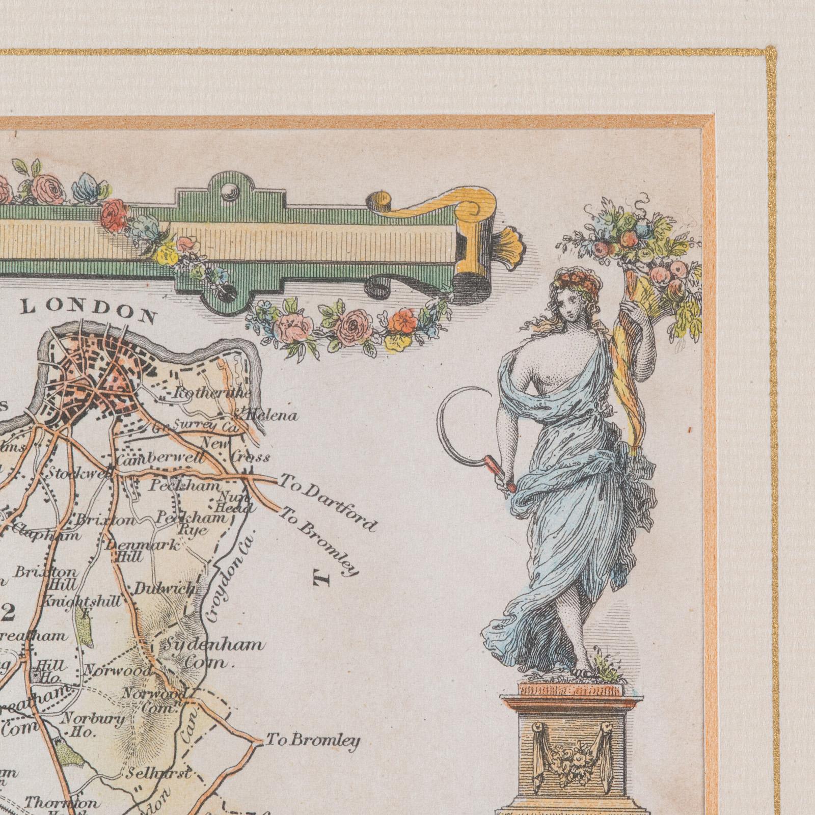 Mappa antica della contea, Surrey, Inglese, Litografia incorniciata, Cartografia, Vittoriano in vendita 4