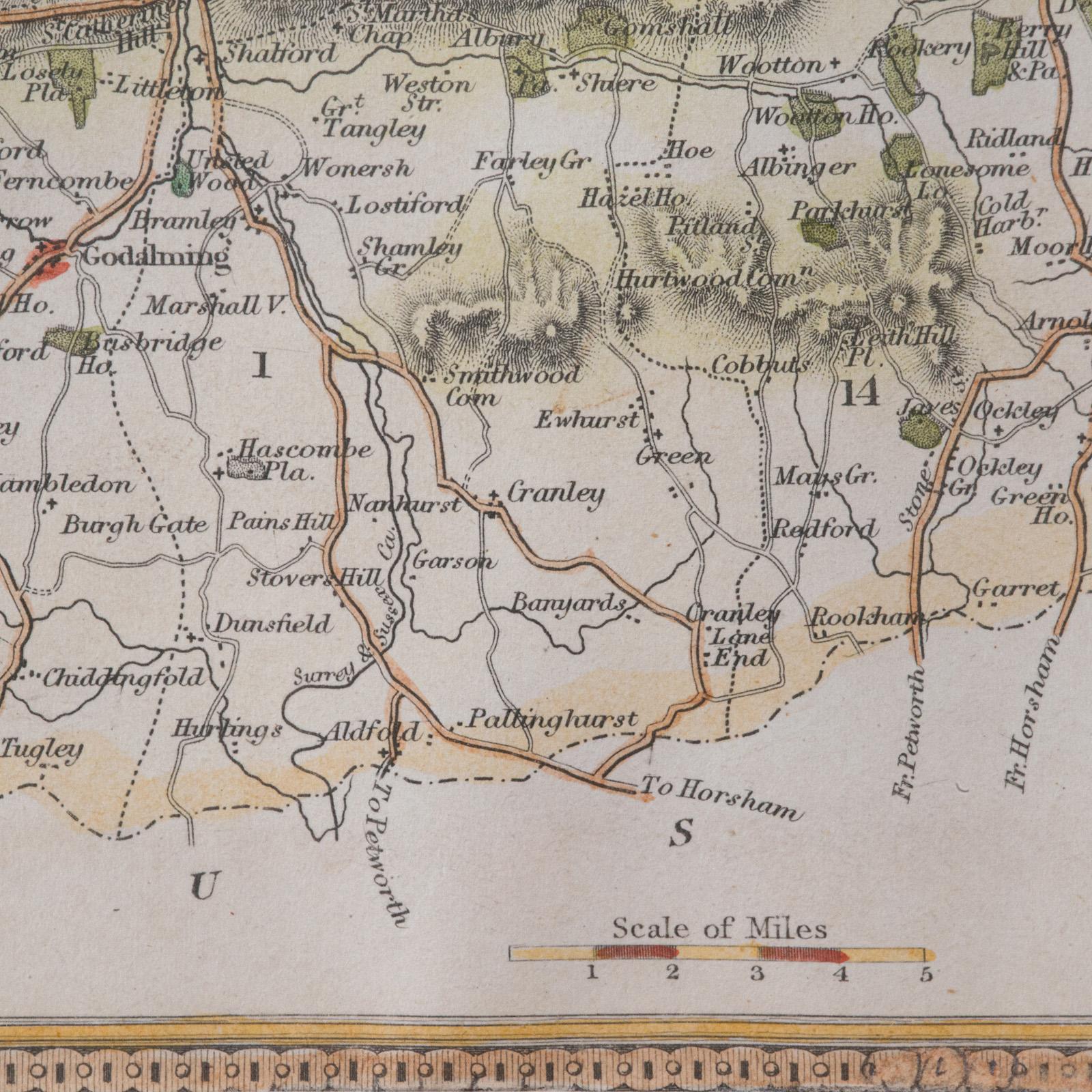 Mappa antica della contea, Surrey, Inglese, Litografia incorniciata, Cartografia, Vittoriano in vendita 5