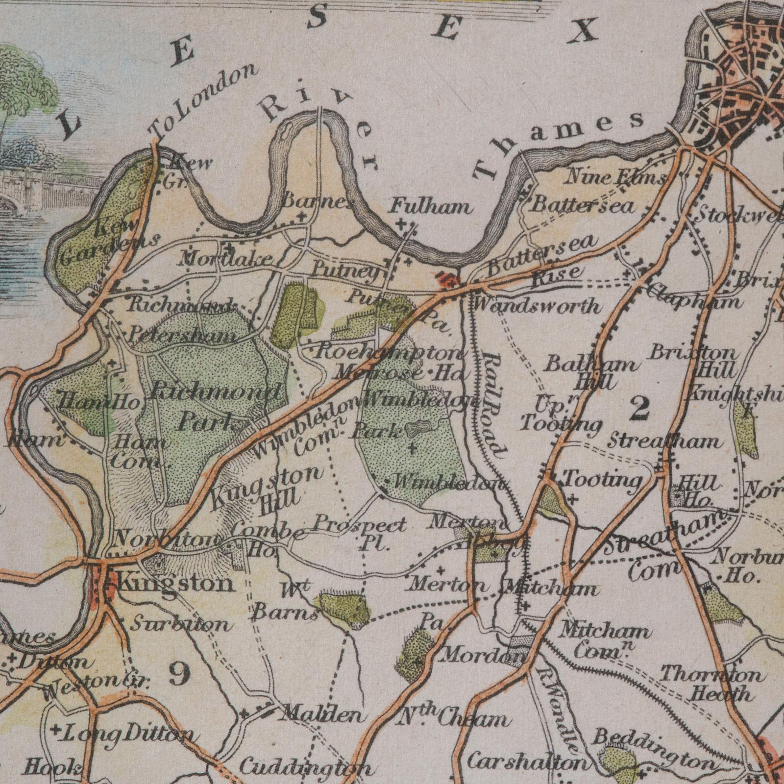 Mappa antica della contea, Surrey, Inglese, Litografia incorniciata, Cartografia, Vittoriano in vendita 6