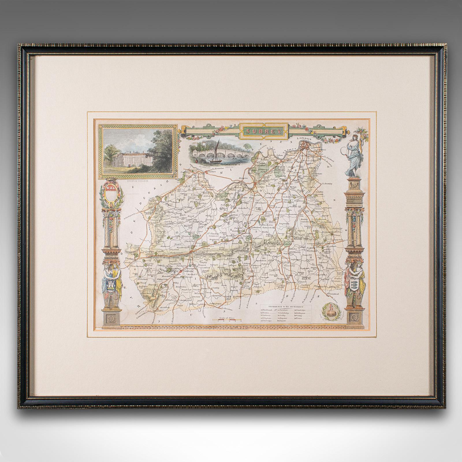 
Questa è un'antica mappa litografica del Surrey. Un'incisione atlantica inglese incorniciata di interesse cartografico, risalente alla metà del XIX secolo e oltre.

Superba litografia del Surrey e dei suoi dettagli della contea, perfetta da