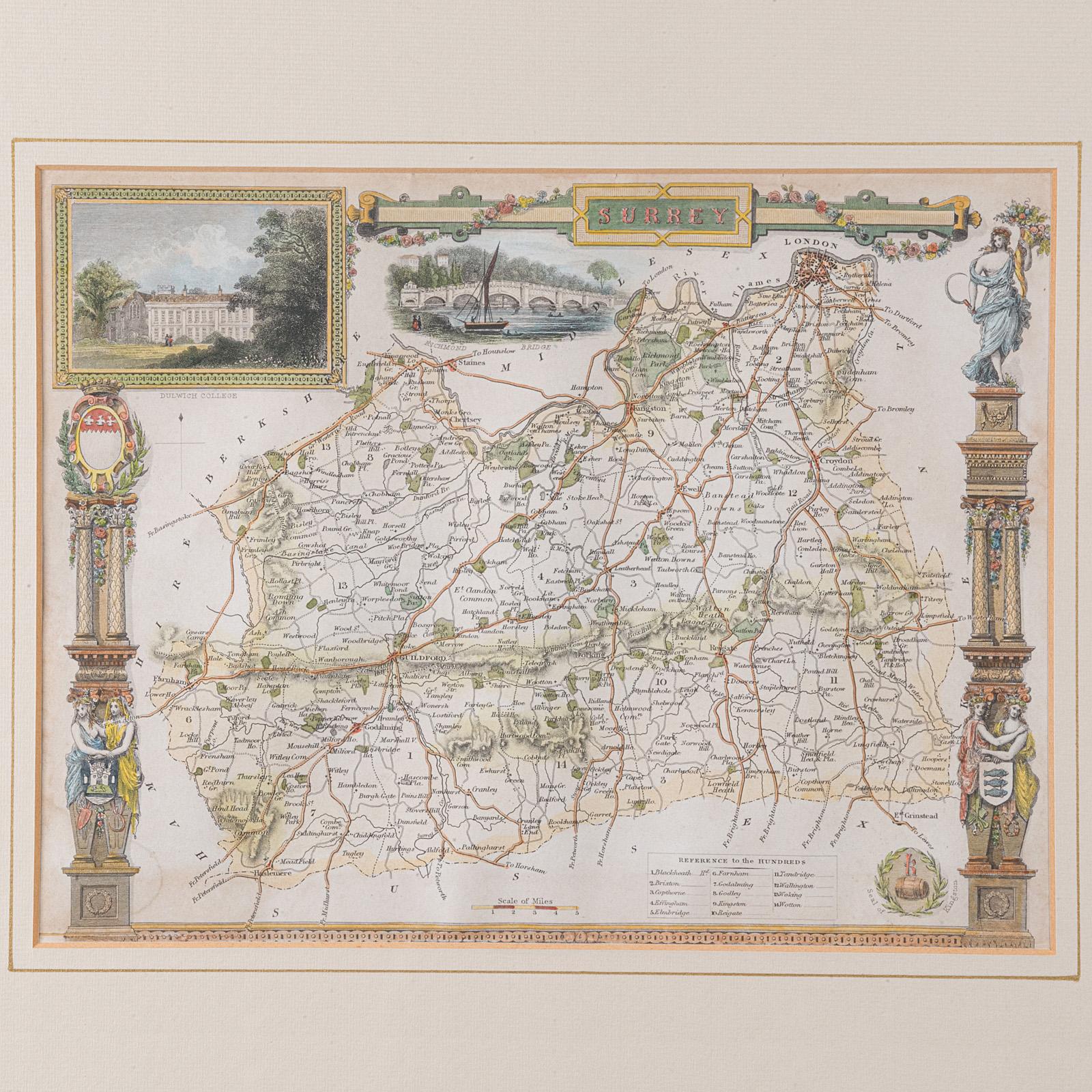 Mappa antica della contea, Surrey, Inglese, Litografia incorniciata, Cartografia, Vittoriano In condizioni buone in vendita a Hele, Devon, GB