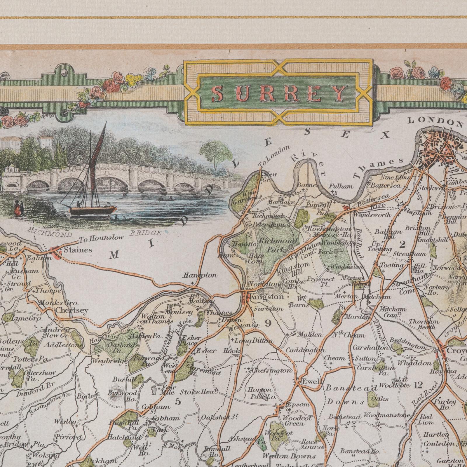 XIX secolo Mappa antica della contea, Surrey, Inglese, Litografia incorniciata, Cartografia, Vittoriano in vendita
