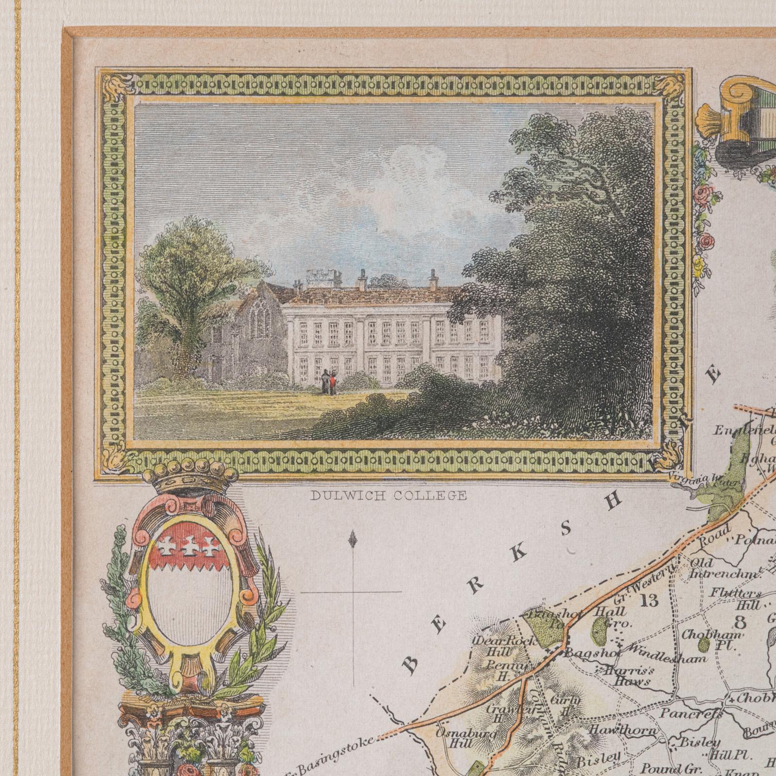 Carta Mappa antica della contea, Surrey, Inglese, Litografia incorniciata, Cartografia, Vittoriano in vendita