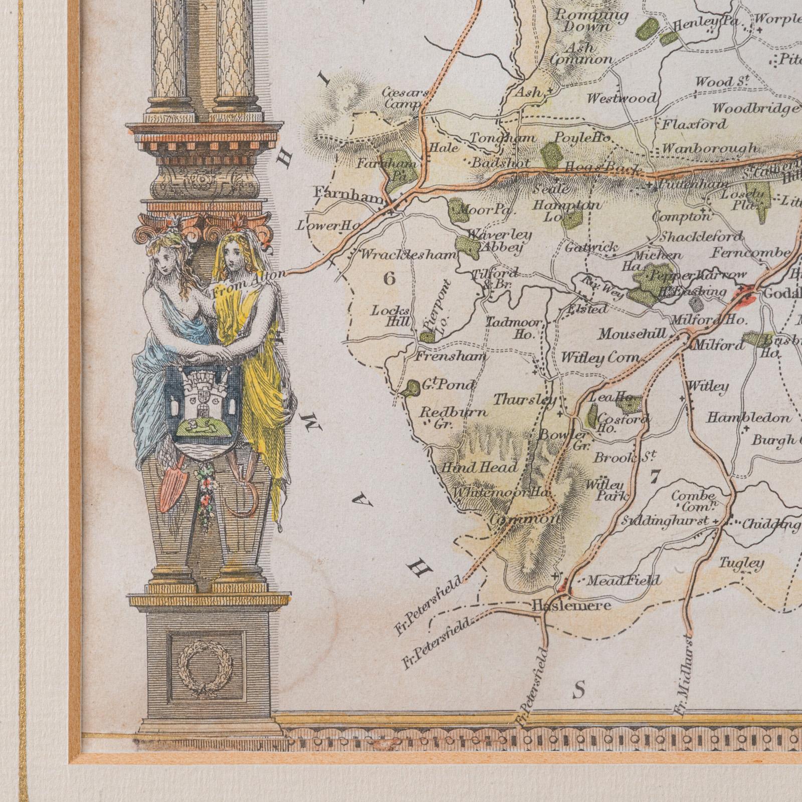 Mappa antica della contea, Surrey, Inglese, Litografia incorniciata, Cartografia, Vittoriano in vendita 1