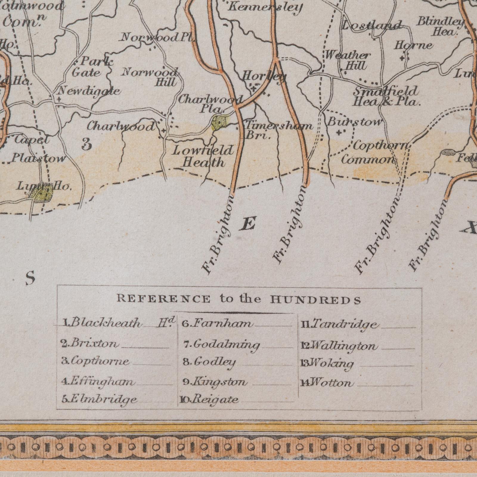 Mappa antica della contea, Surrey, Inglese, Litografia incorniciata, Cartografia, Vittoriano in vendita 2