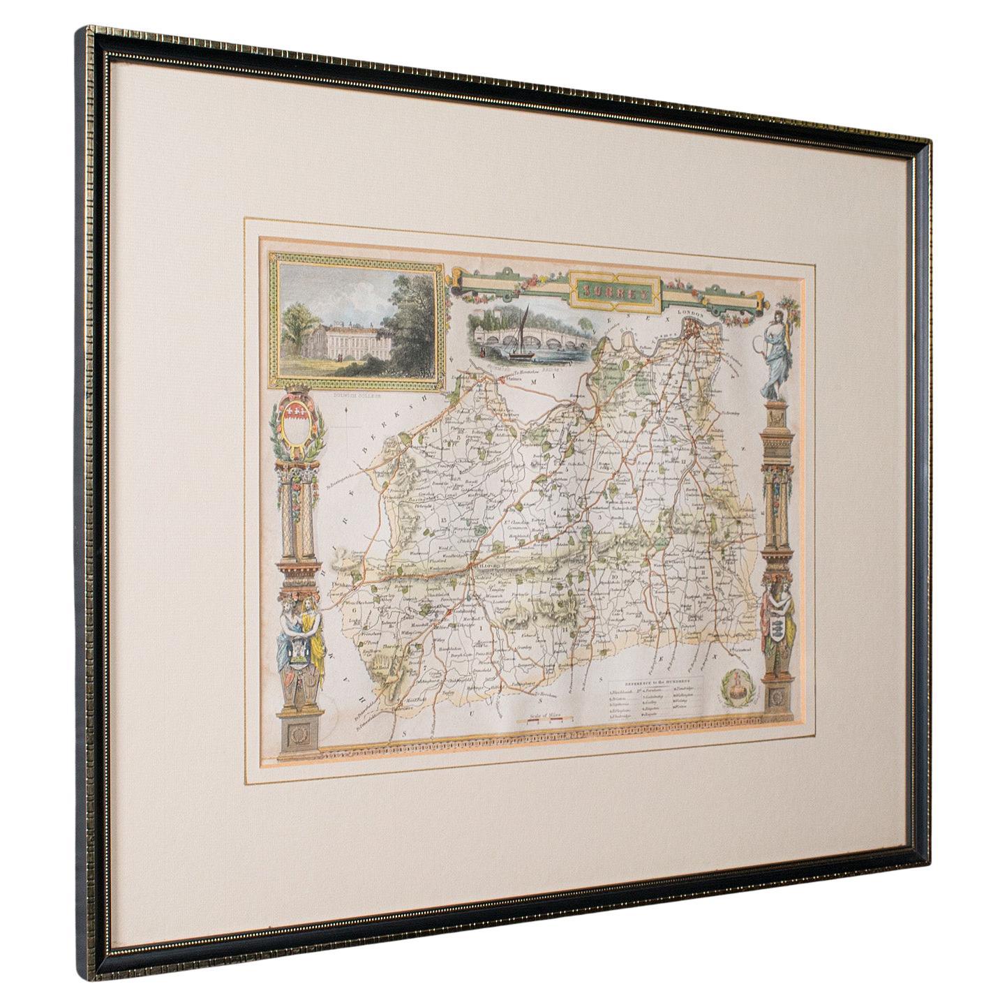 Antique County Map, Surrey, English, Framed Lithograph, Cartography, Victorian