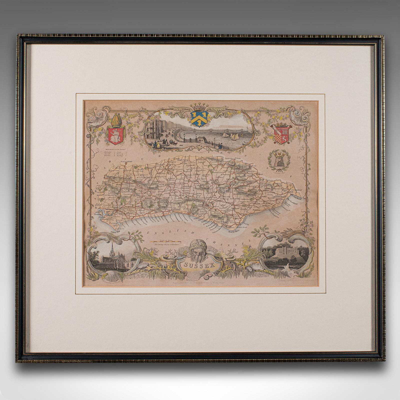 
Dies ist eine antike lithographische Karte von Sussex. Ein englischer, gerahmter Atlasstich von kartografischem Interesse aus der Mitte des 19. Jahrhunderts und später.

Hervorragende Lithographie von Sussex und seiner Grafschaft Detail, perfekt