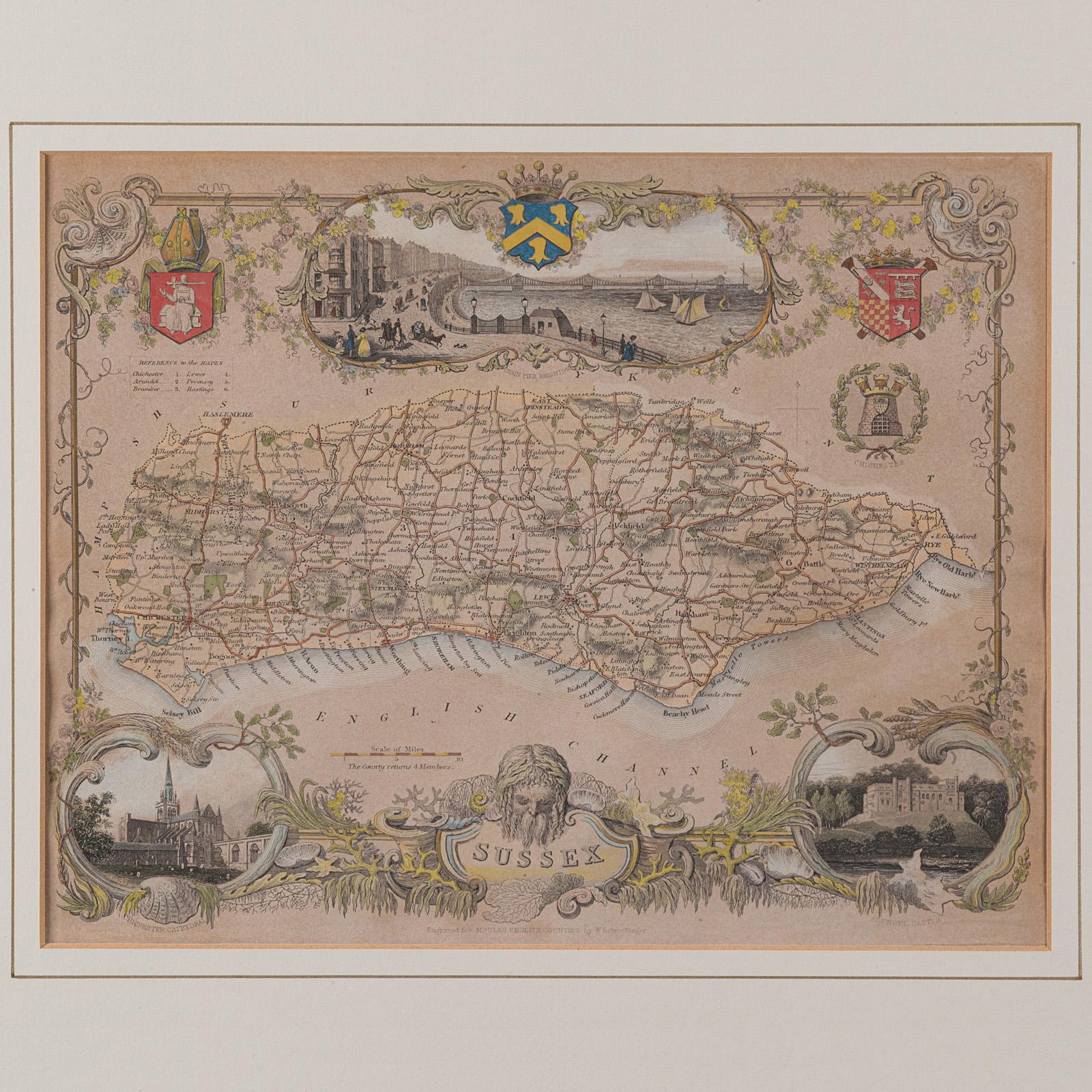 Antike County Karte, Sussex, Englisch, Gerahmte Lithographie, Kartographie, Viktorianisch im Zustand „Gut“ im Angebot in Hele, Devon, GB