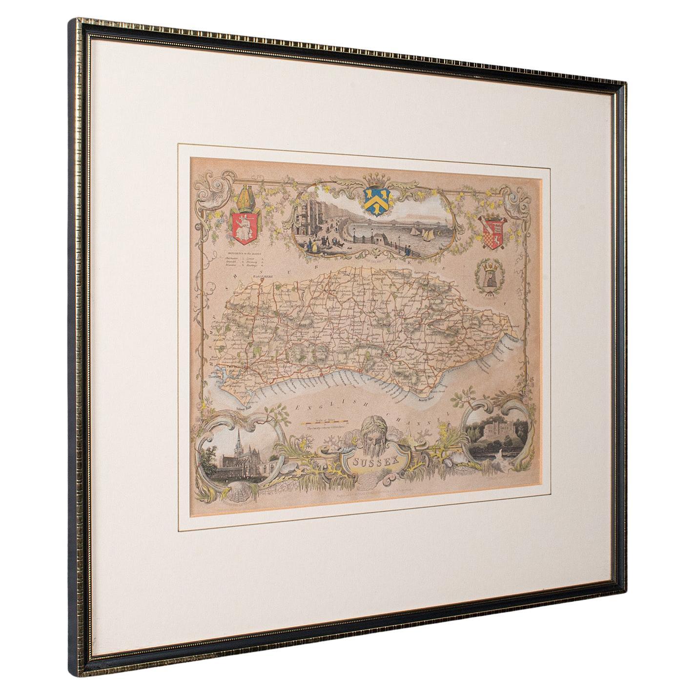 Antike County Karte, Sussex, Englisch, Gerahmte Lithographie, Kartographie, Viktorianisch im Angebot