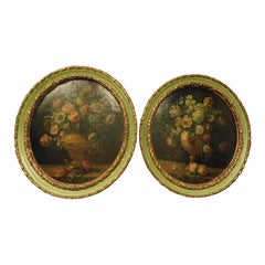 Antique Couple of Oval Paintings, Floral Motifs, Wooden Frame, 1700, Italy