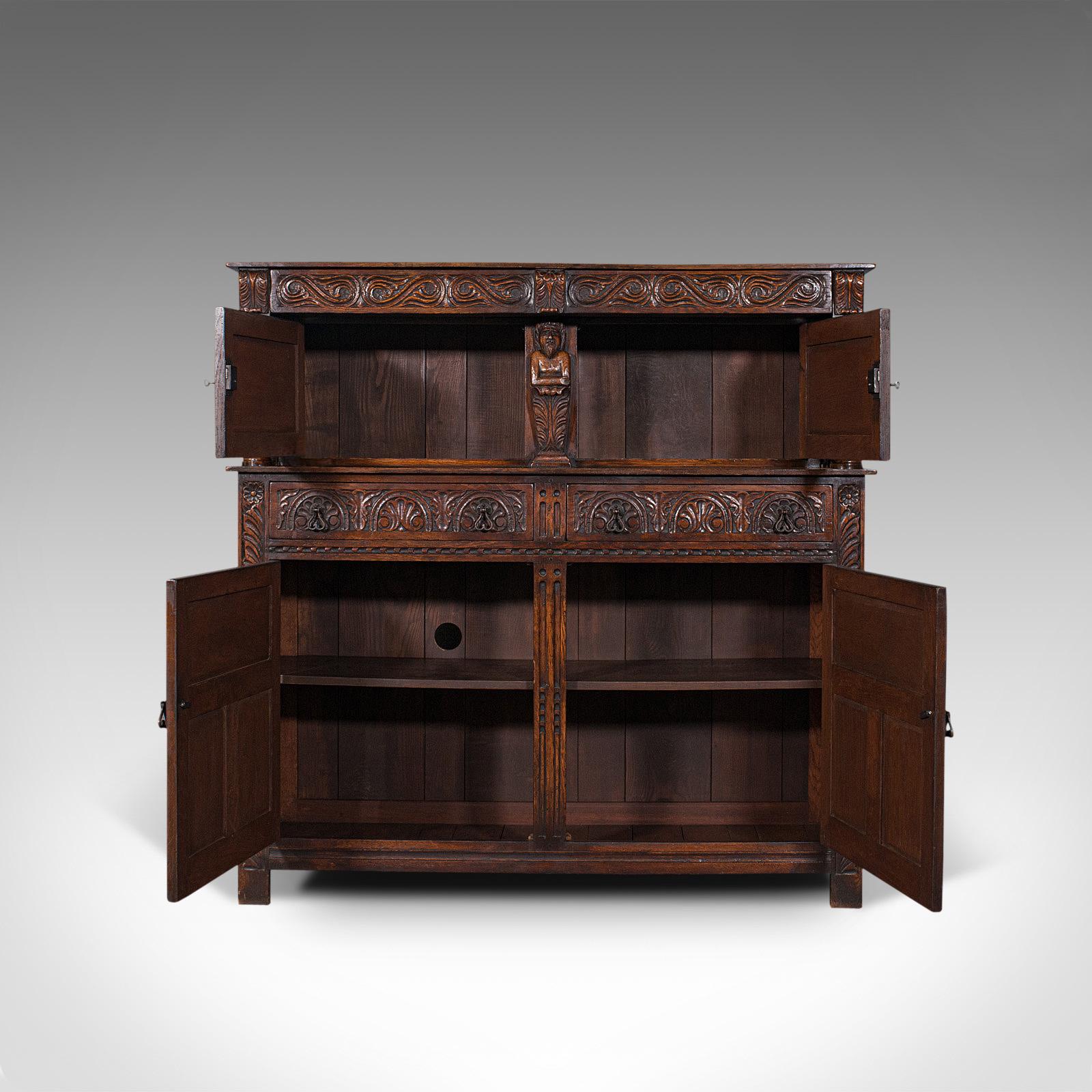 British Antique Court Cabinet, English, Oak, Sideboard, Credenza, Jacobean Revival, 1890