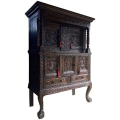 Antique Court Cupboard Buffet 19th Century Flemish Oak Heavily Carved