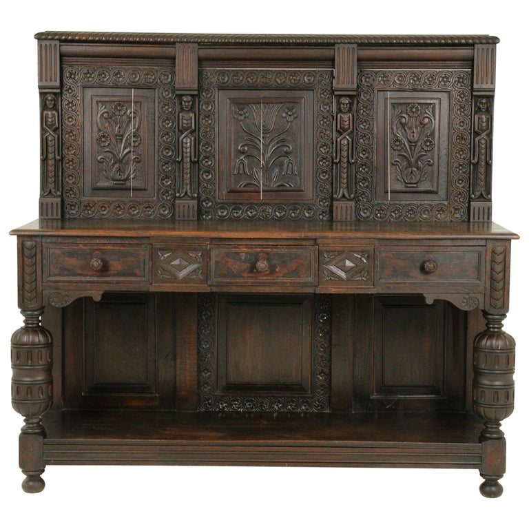 Antique Court Cupboard, Oak Sideboard, Carved Oak Buffet, Scotland 1790