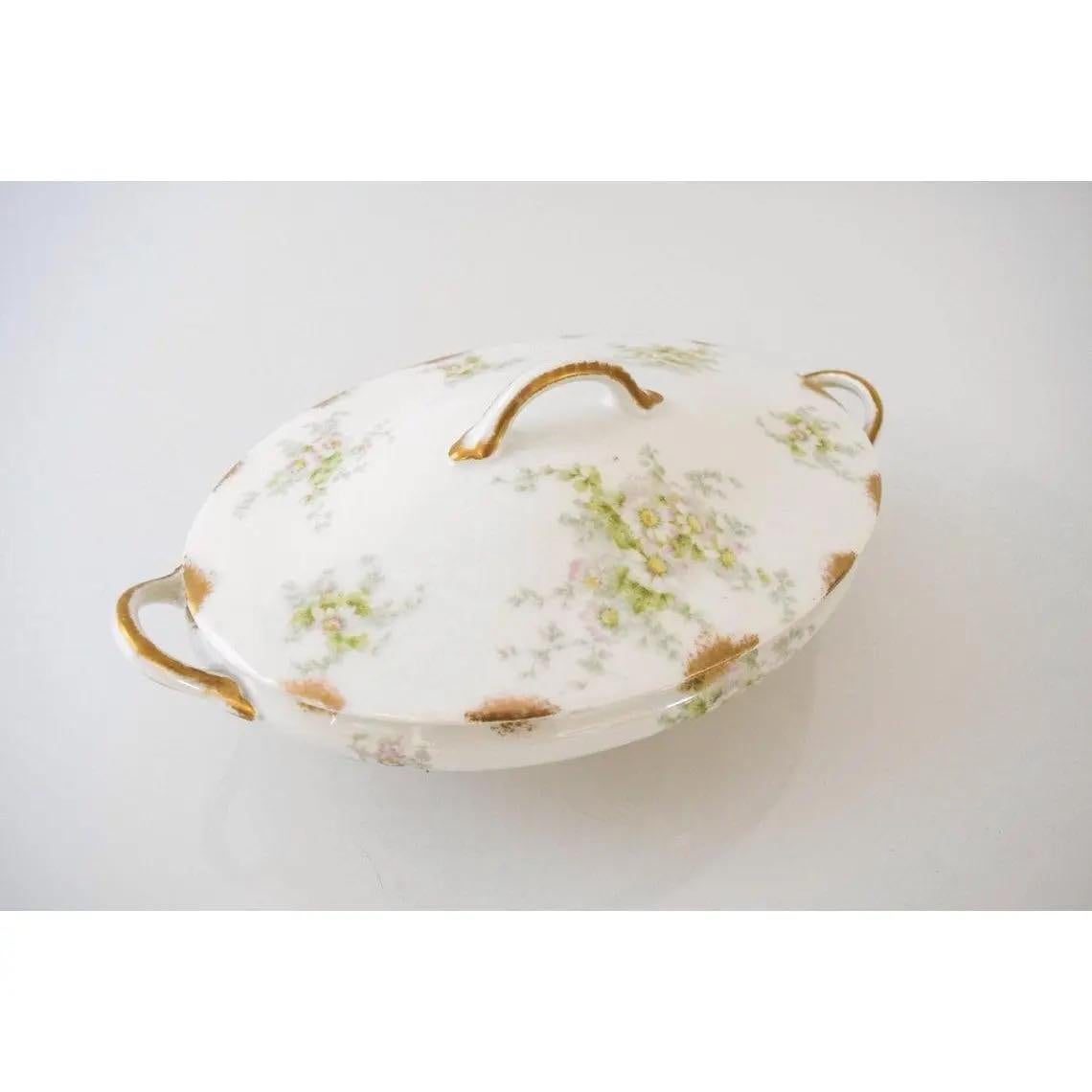 Questa deliziosa zuppiera coperta d'epoca Haviland Limoges GDA France risale al 1900-1941. Presenta uno sfondo bianco traslucido decorato con un morbido e delicato motivo floreale di foglie e rampicanti verde chiaro e fiori rosa all'esterno e