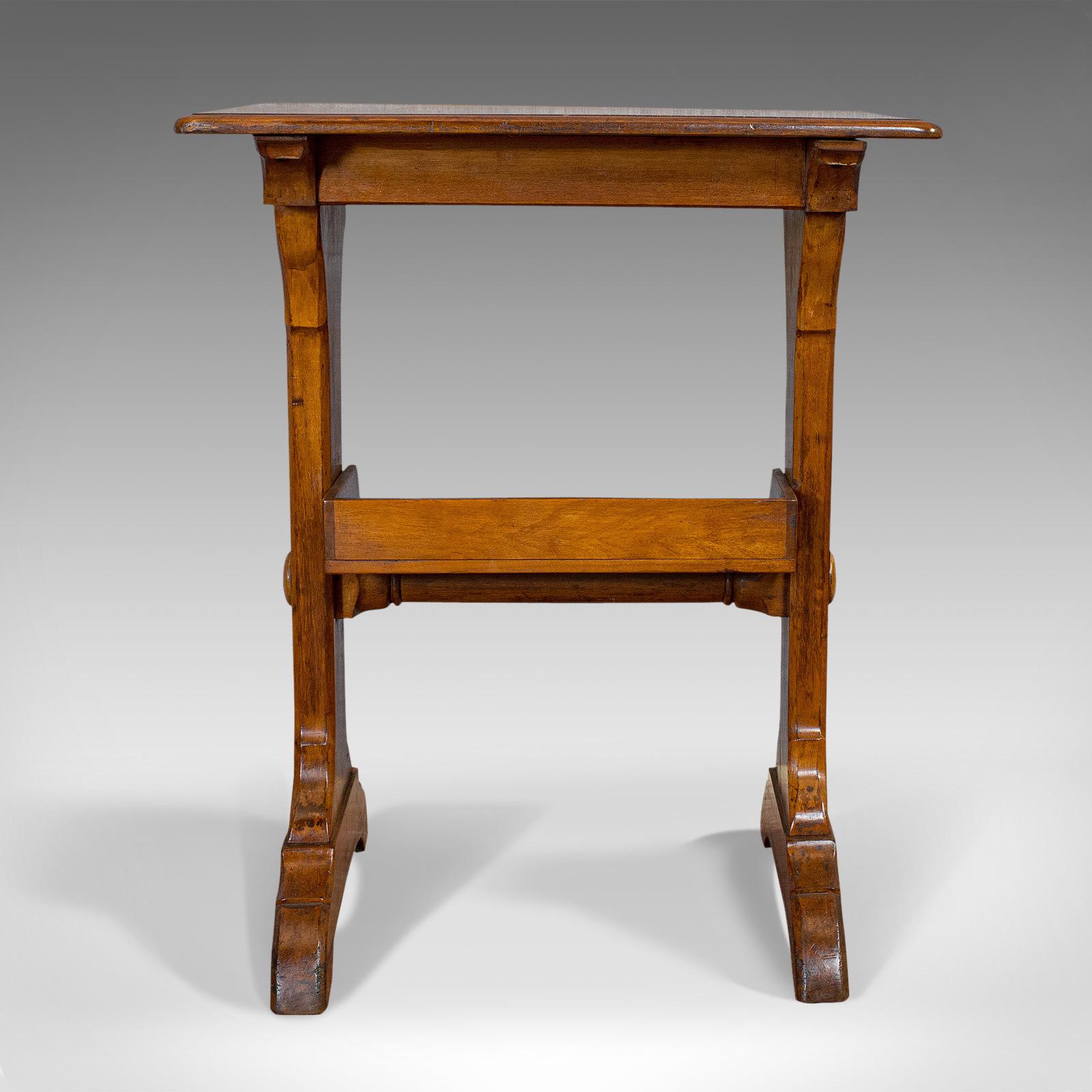 This is an antique craft table. An English, golden oak side or writing table, dating to the Victorian period, circa 1880.

A charming table with period appeal
Displays a desirable aged patina
Select oak with rich golden tones
Shows Fine grain