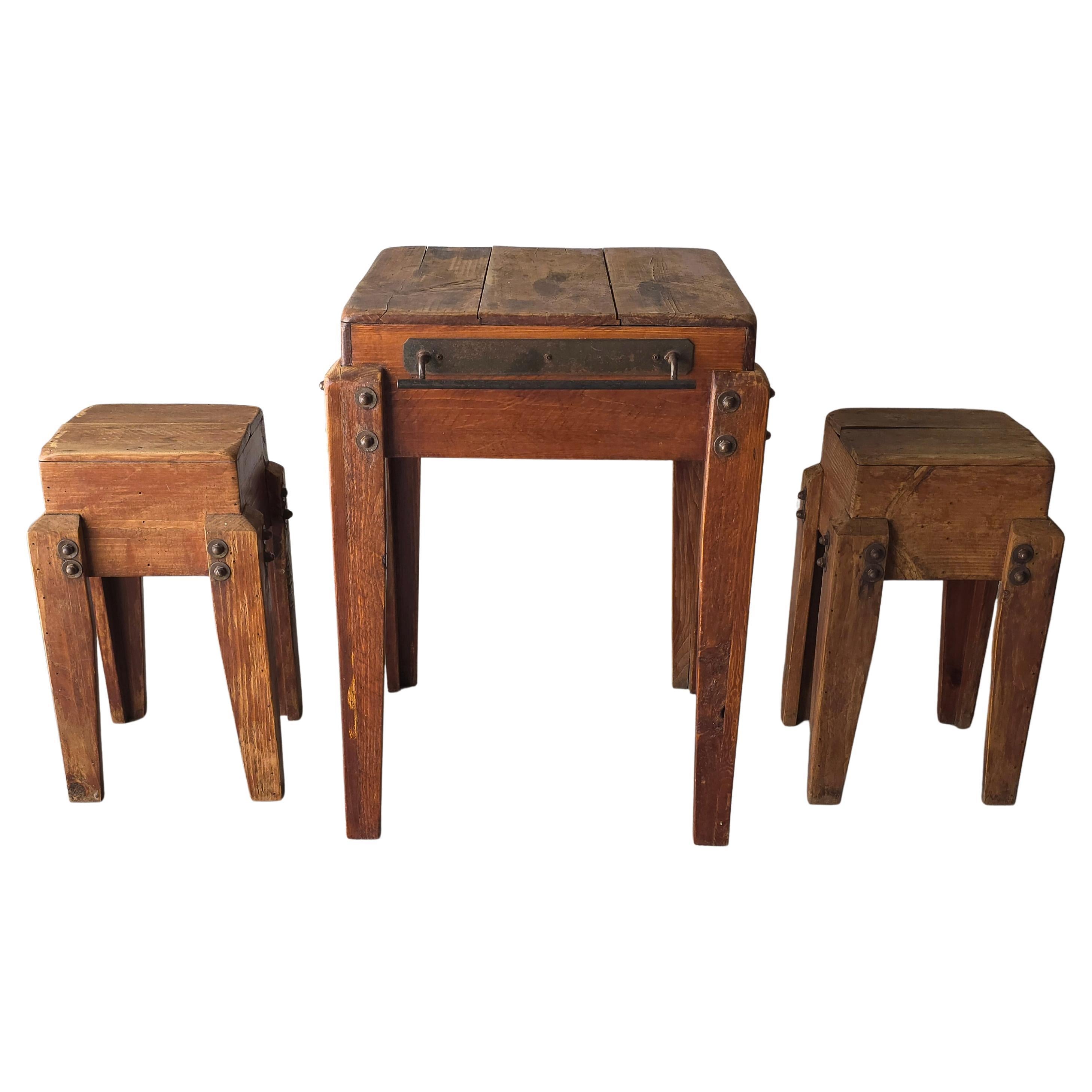 Antique Craftsman Made Wabi Sabi High Table and Stools