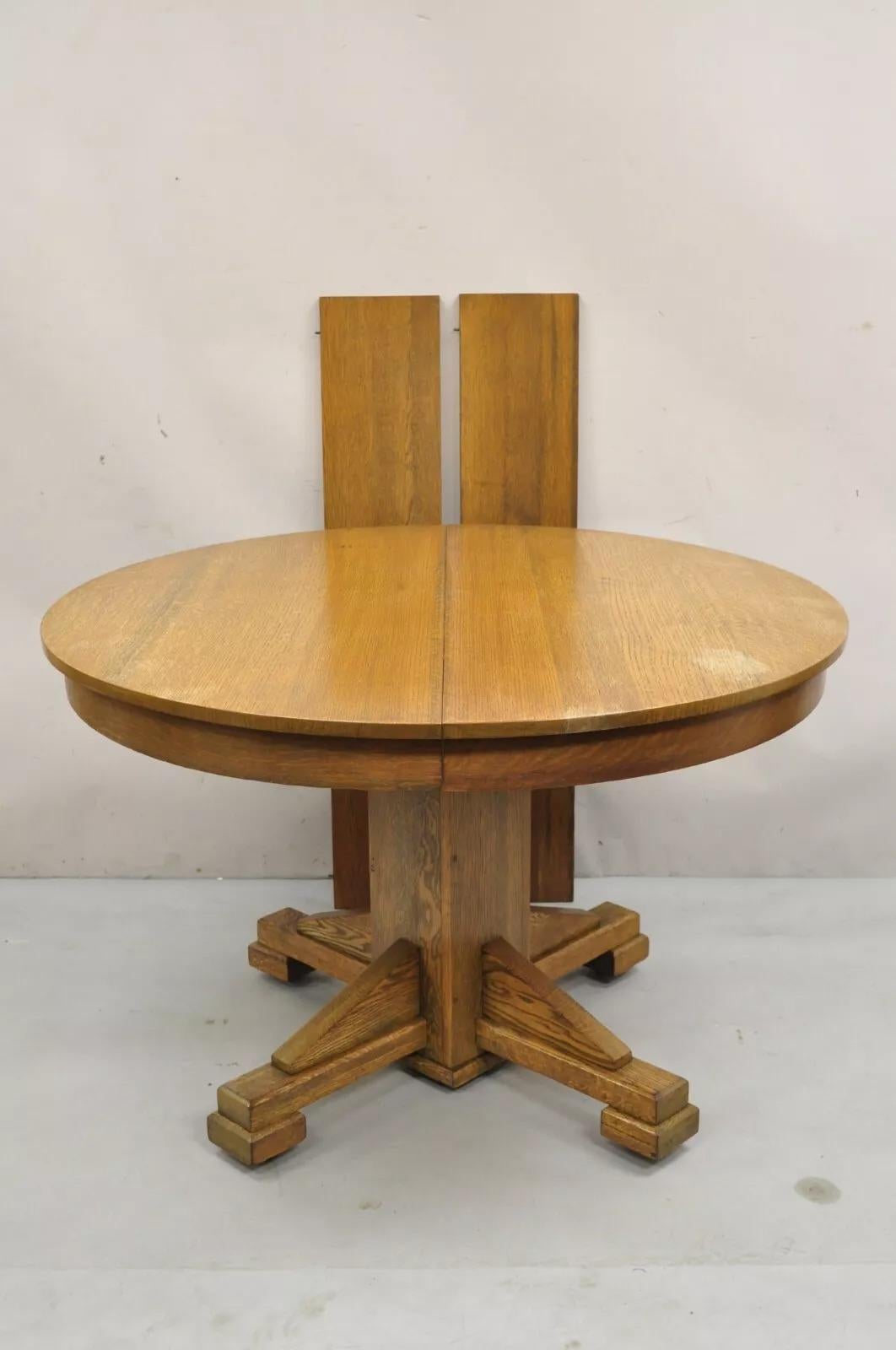 Antike Craftsman Mission Arts & Crafts Oak Wood Round Dining Table w / 2 Leaves im Angebot 4
