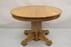Antique Craftsman Mission Arts & Crafts Oak Wood Round Dining Table w/ 2 Leaves