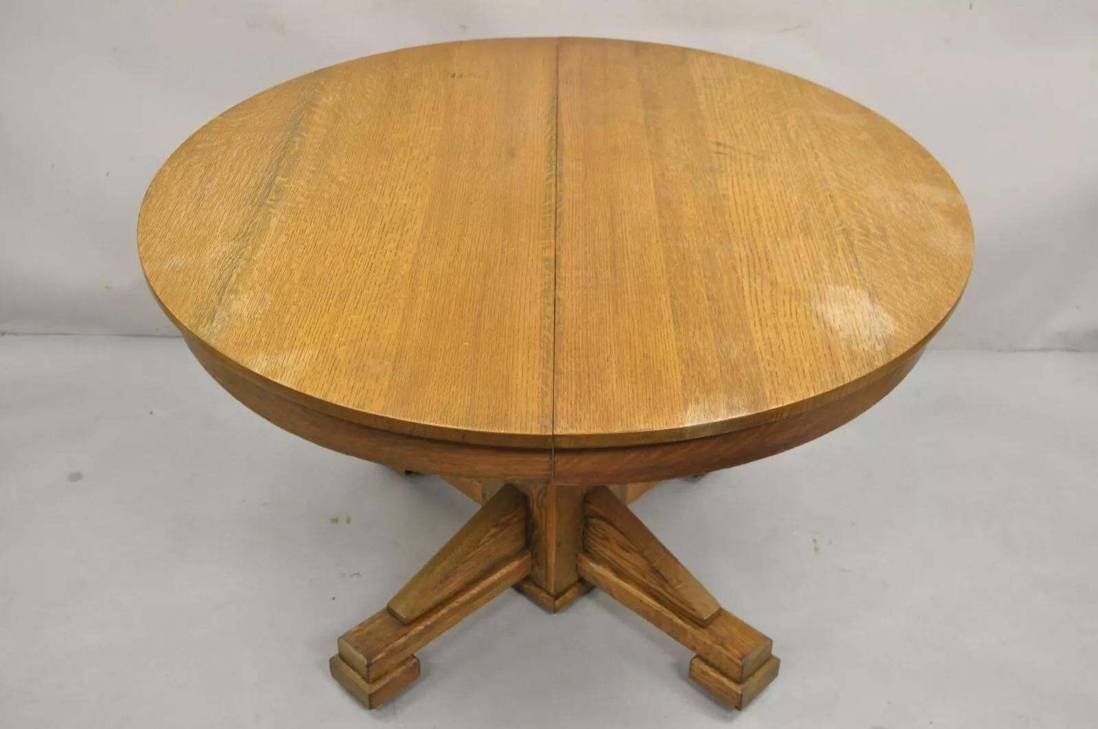 Antike Craftsman Mission Arts & Crafts Oak Wood Round Dining Table w / 2 Leaves (Unbekannt) im Angebot