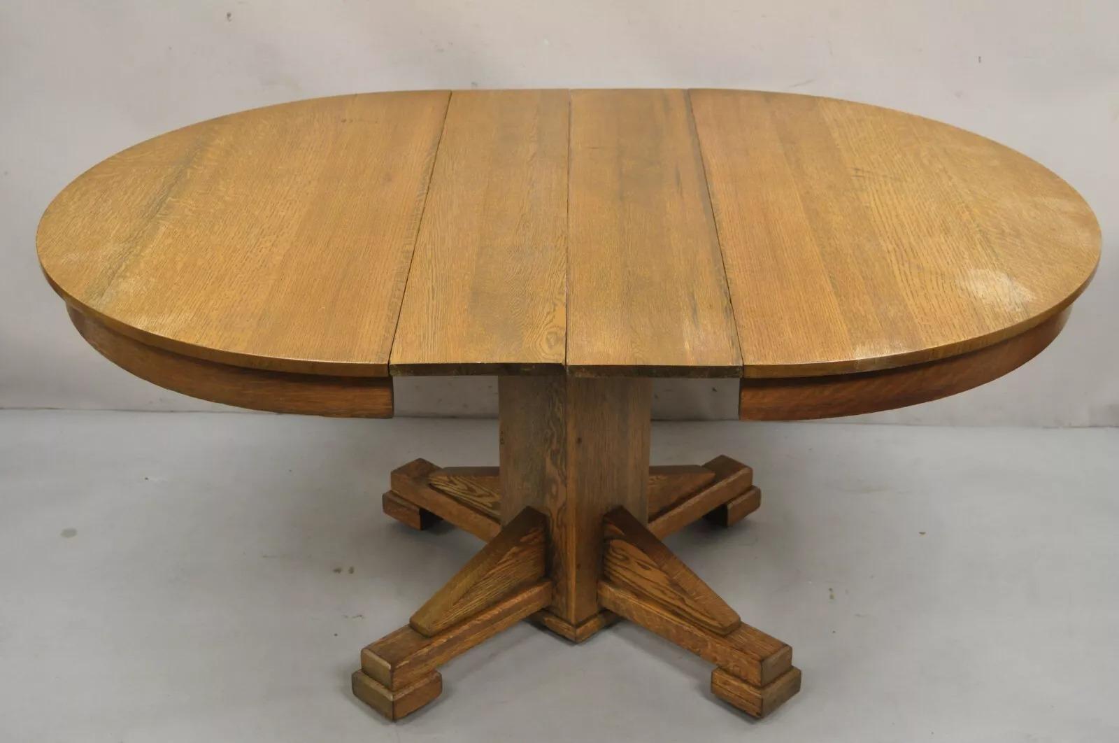 Antike Craftsman Mission Arts & Crafts Oak Wood Round Dining Table w / 2 Leaves im Angebot 1