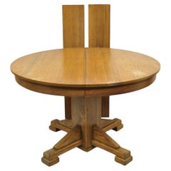 Antico Tavolo da pranzo rotondo in legno di Oak Mission Arts & Crafts con 2 foglie