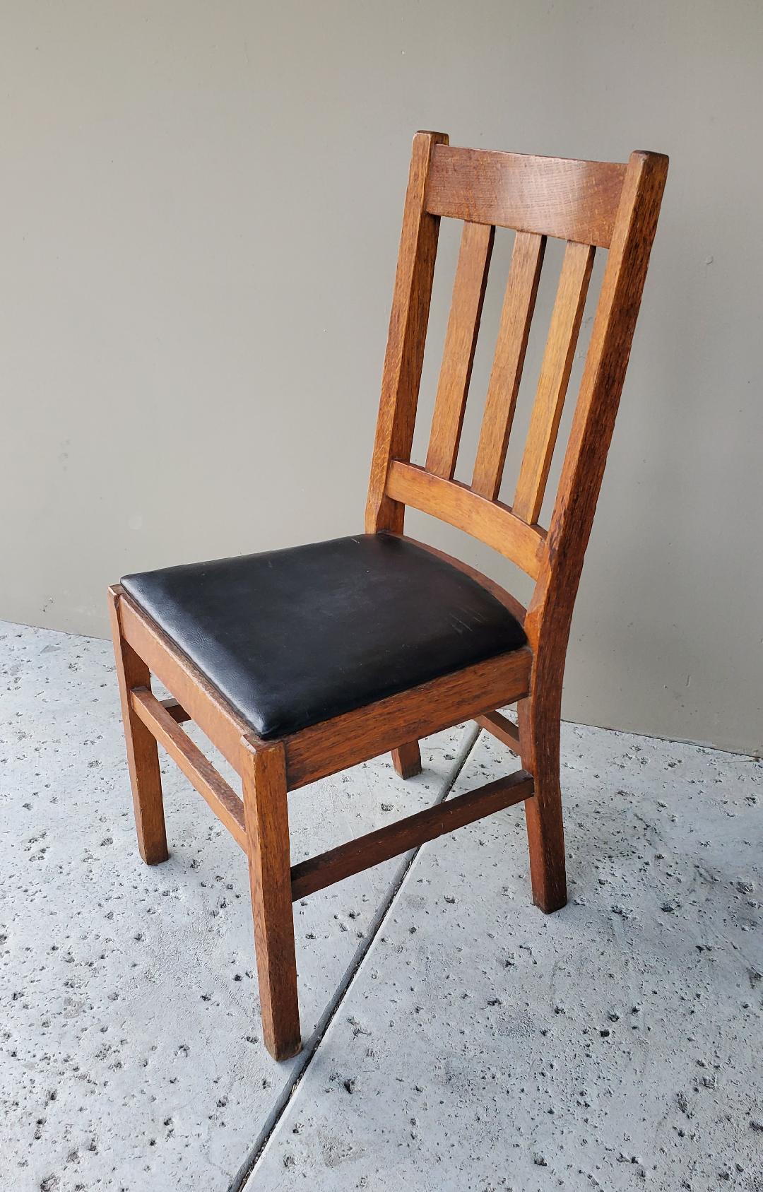 Antique Craftsman Quarter Sawn Oak Dining or Single Desk Chair Upholstered Seat For Sale 9