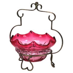 Antique Cranberry Art Glass and Silver Plate Basket C1890