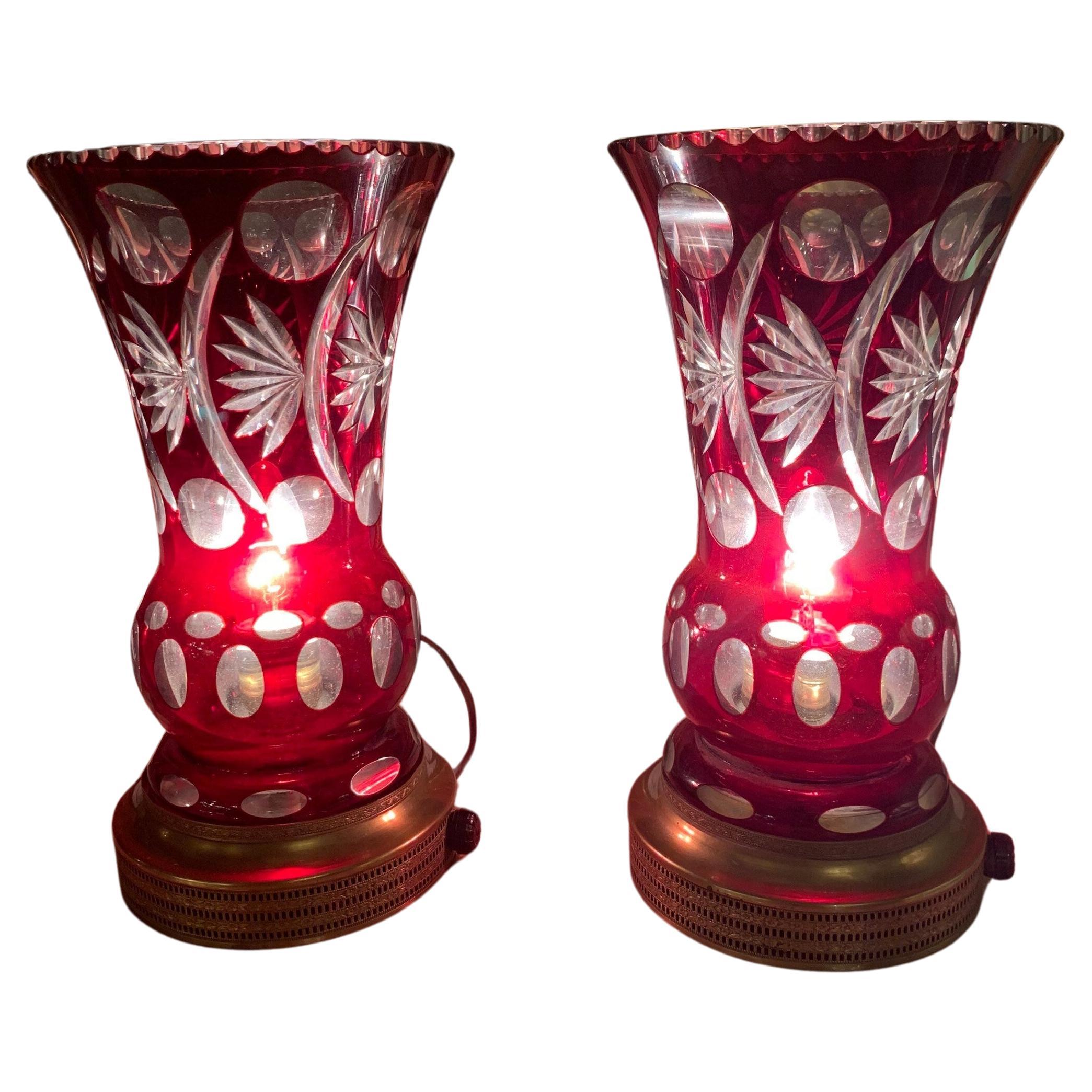 Antique Cranberry Crystal Table Lamps - Pair