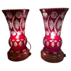 Antique Cranberry Crystal Table Lamps - Pair