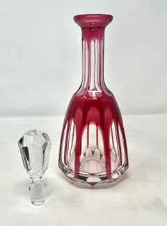 Antique Cranberry Cut to Clear Crystal Wine Decanter with Stopper, Circa 1920.
