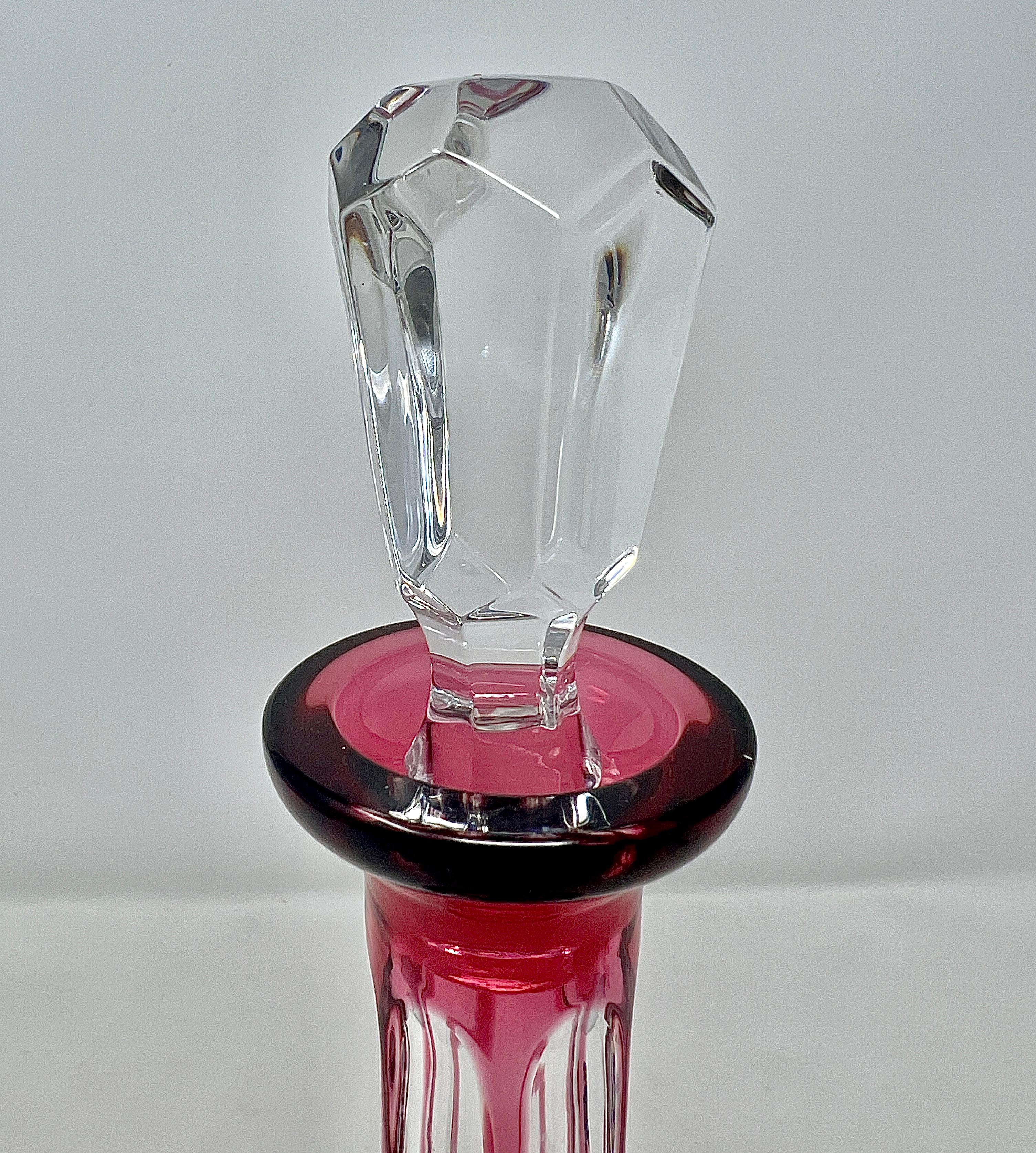 20th Century Antique Cranberry Cut to Clear Crystal Wine Decanter with Stopper, Circa 1920. For Sale
