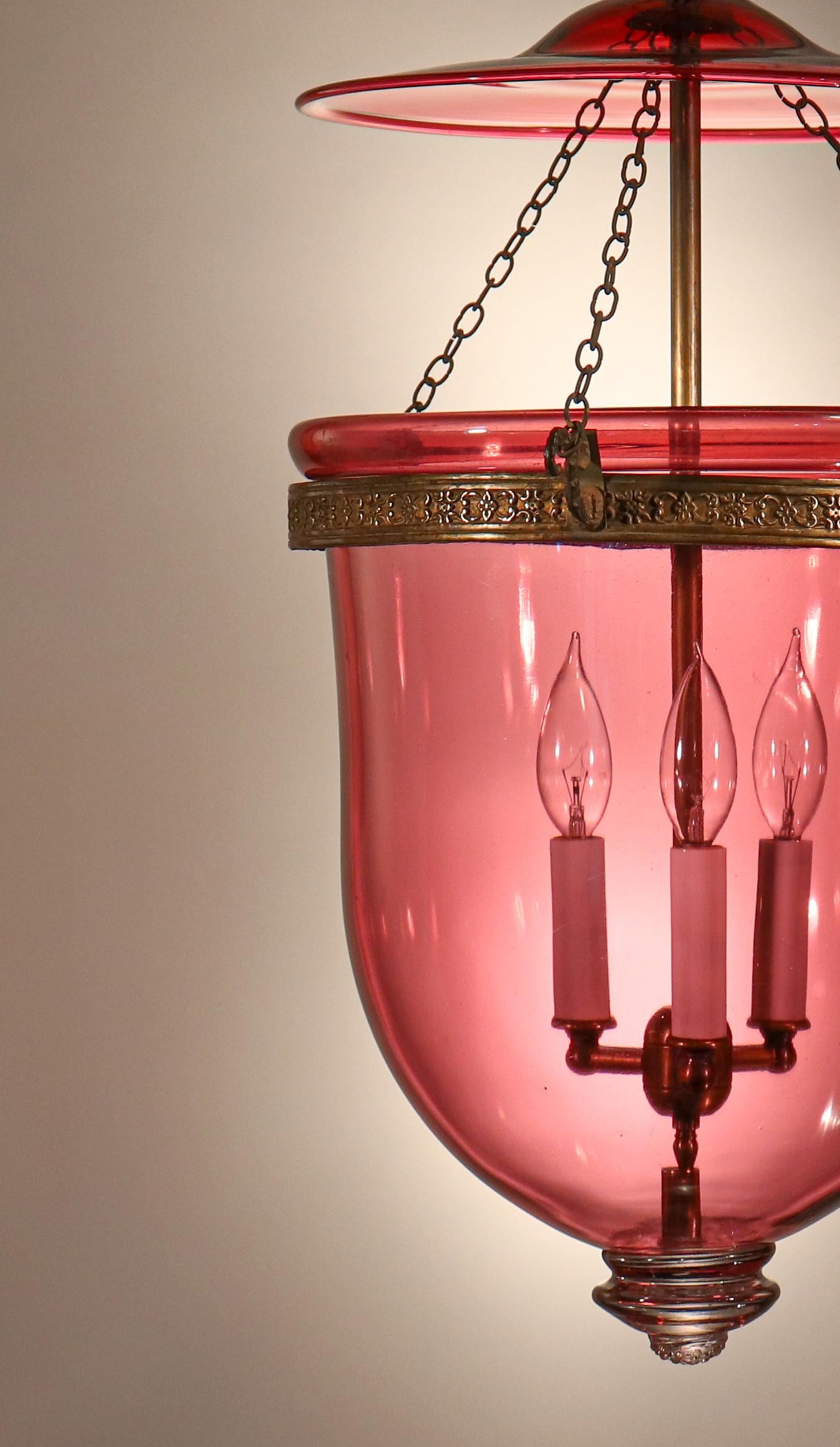 English Antique Cranberry Glass Bell Jar Lantern