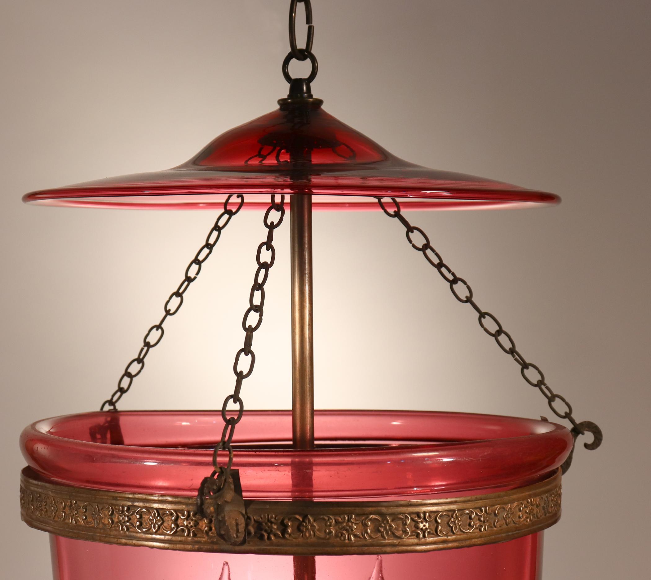 Antique Cranberry Glass Bell Jar Lantern In Good Condition In Heath, MA