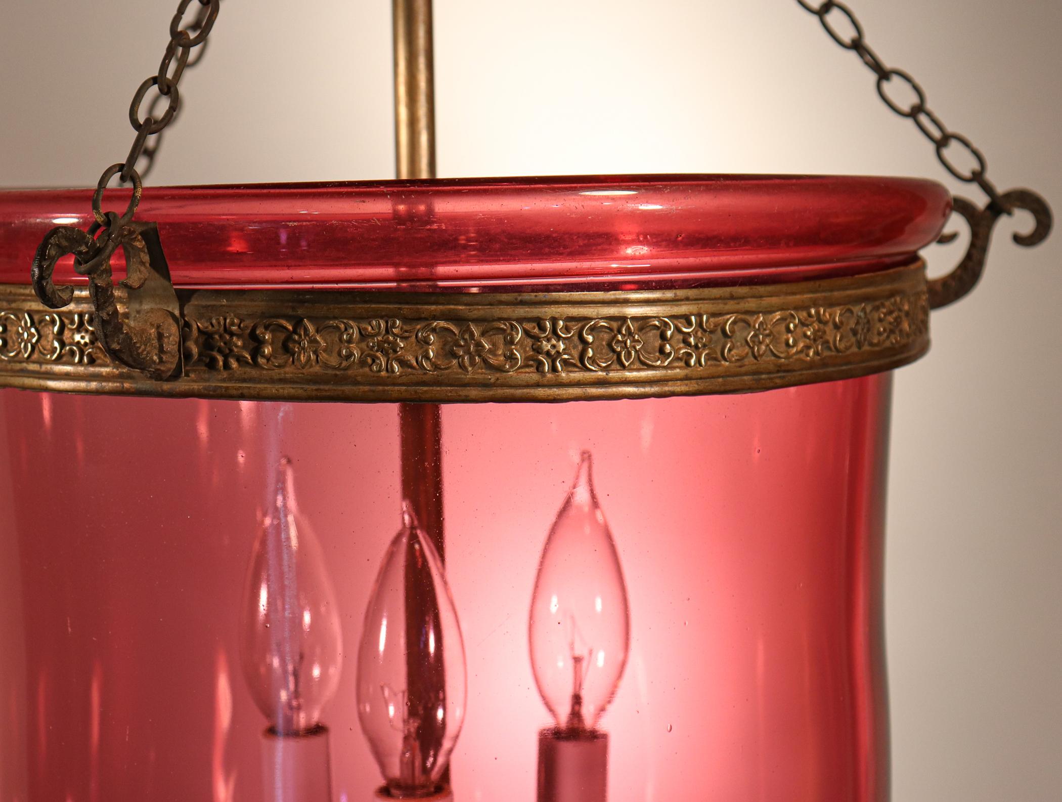 Brass Antique Cranberry Glass Bell Jar Lantern