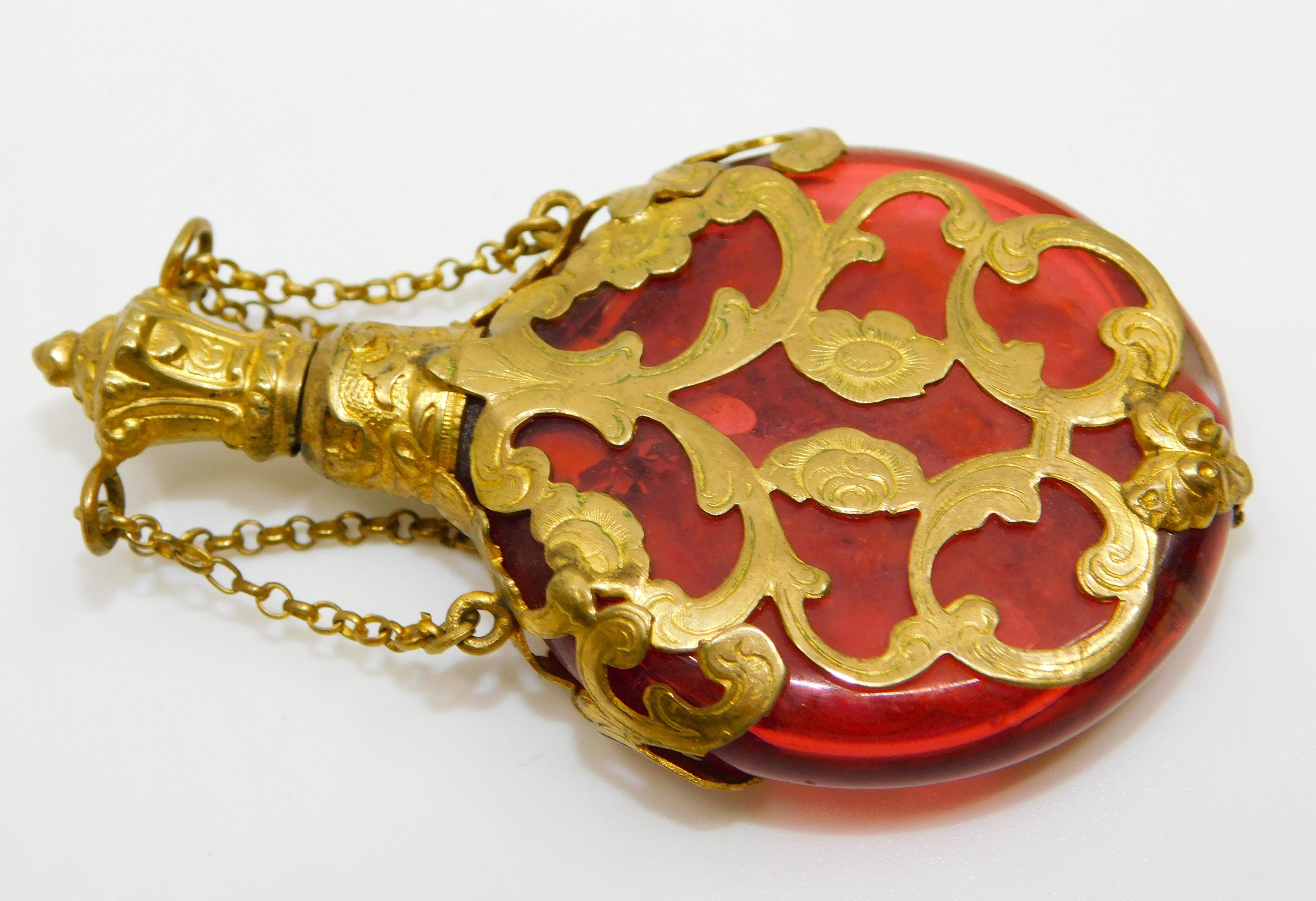 Antique Cranberry Glass Chatelaine Perfume Bottle with Gold Filigree Circa 1880 For Sale 2