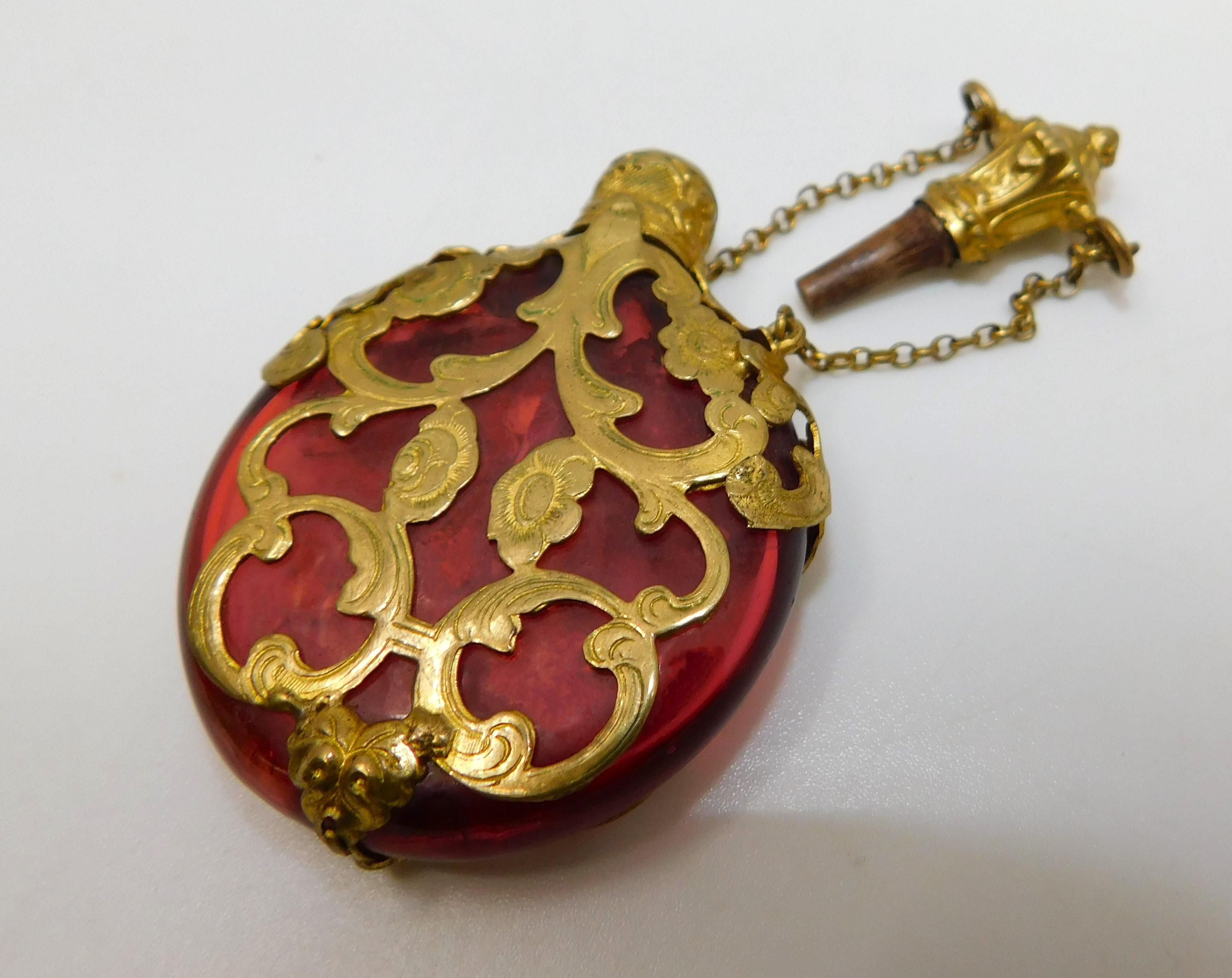 Art Deco Antique Cranberry Glass Chatelaine Perfume Bottle with Gold Filigree Circa 1880 For Sale