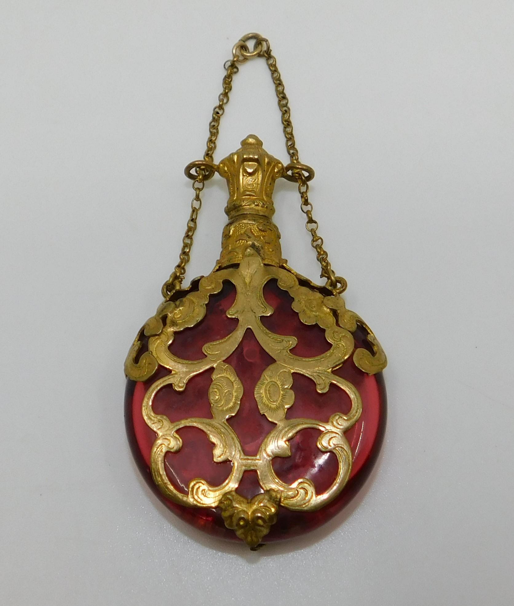 French Antique Cranberry Glass Chatelaine Perfume Bottle with Gold Filigree Circa 1880 For Sale