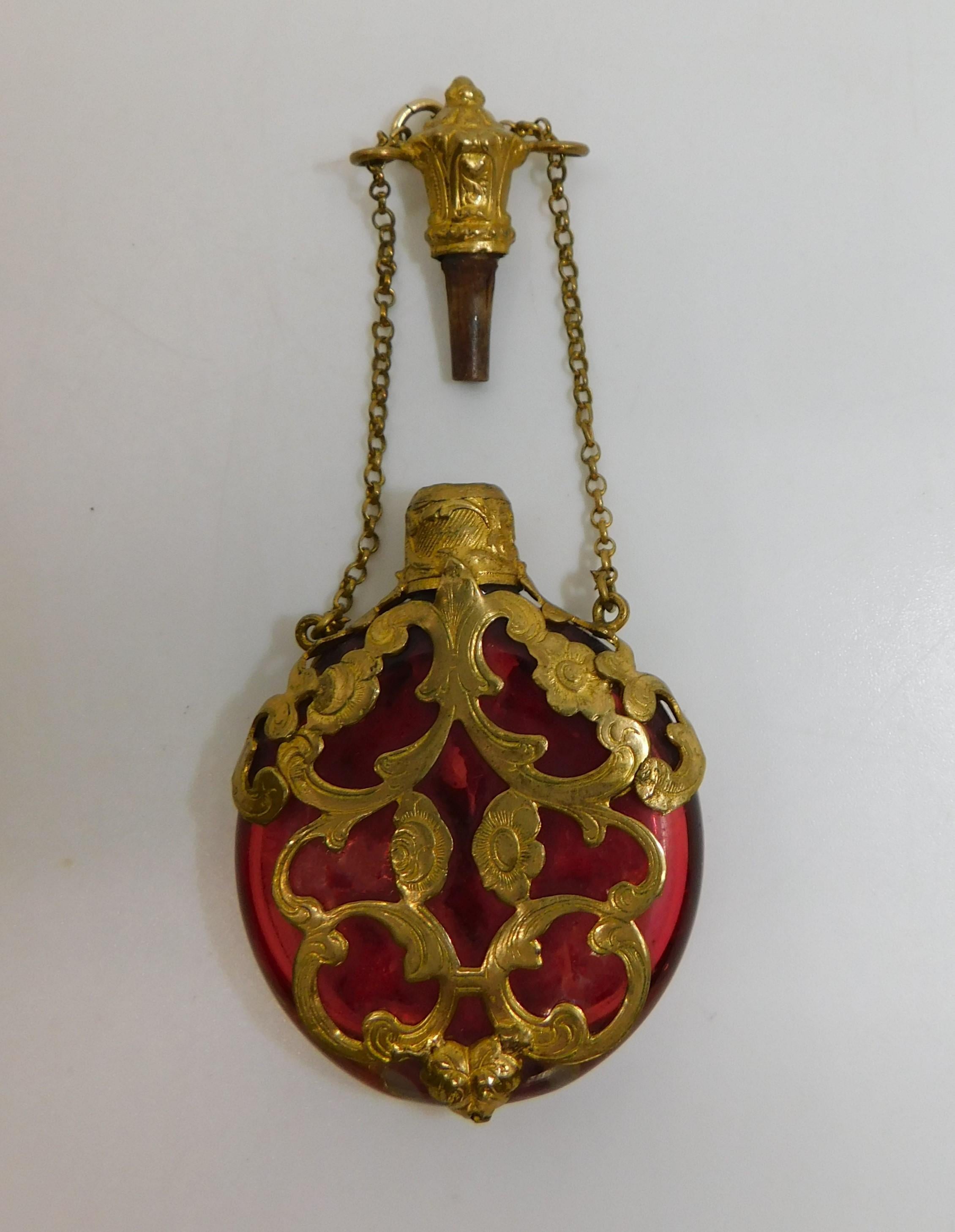Antique Cranberry Glass Chatelaine Perfume Bottle with Gold Filigree Circa 1880 In Good Condition For Sale In Hamilton, Ontario
