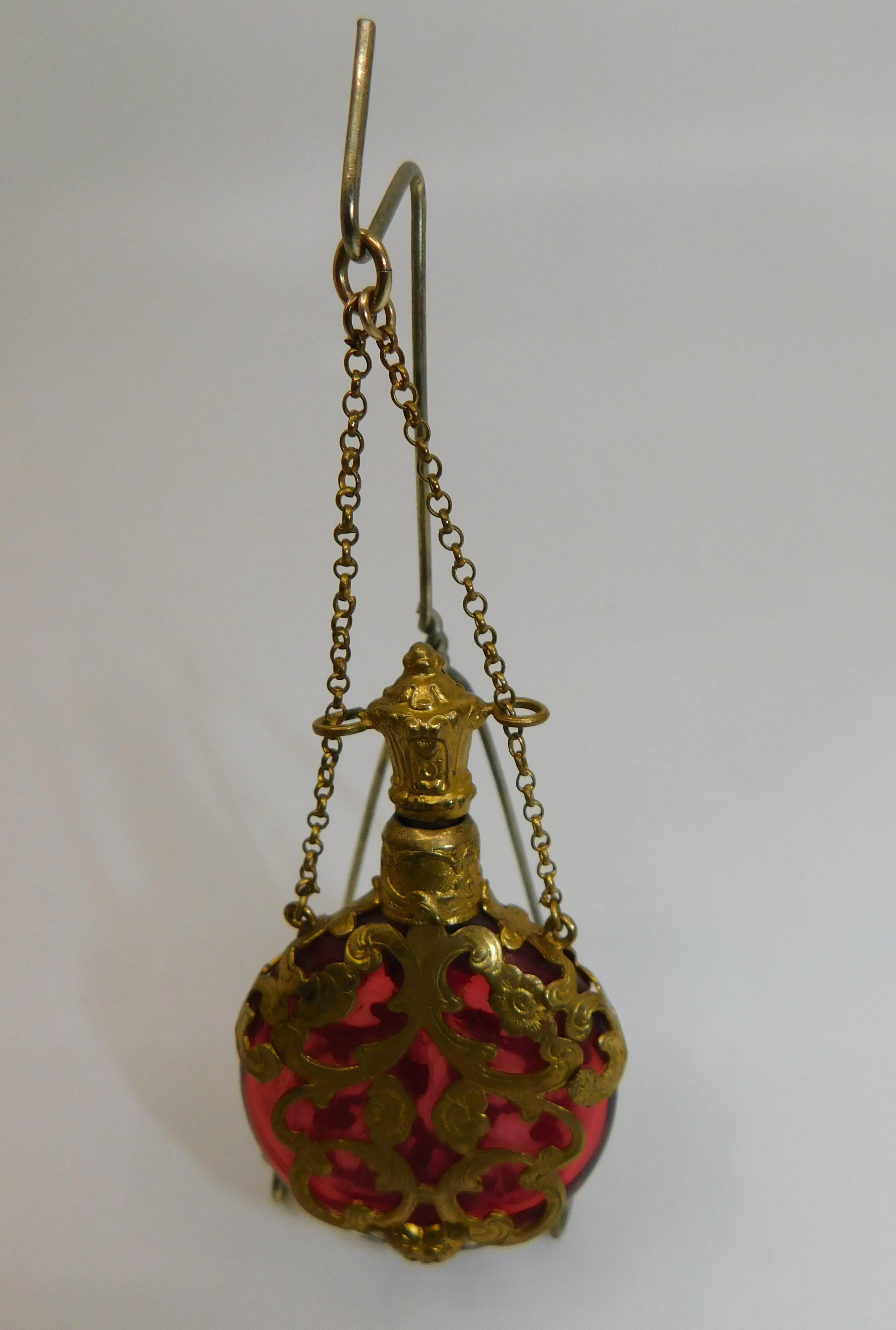 19th Century Antique Cranberry Glass Chatelaine Perfume Bottle with Gold Filigree Circa 1880 For Sale