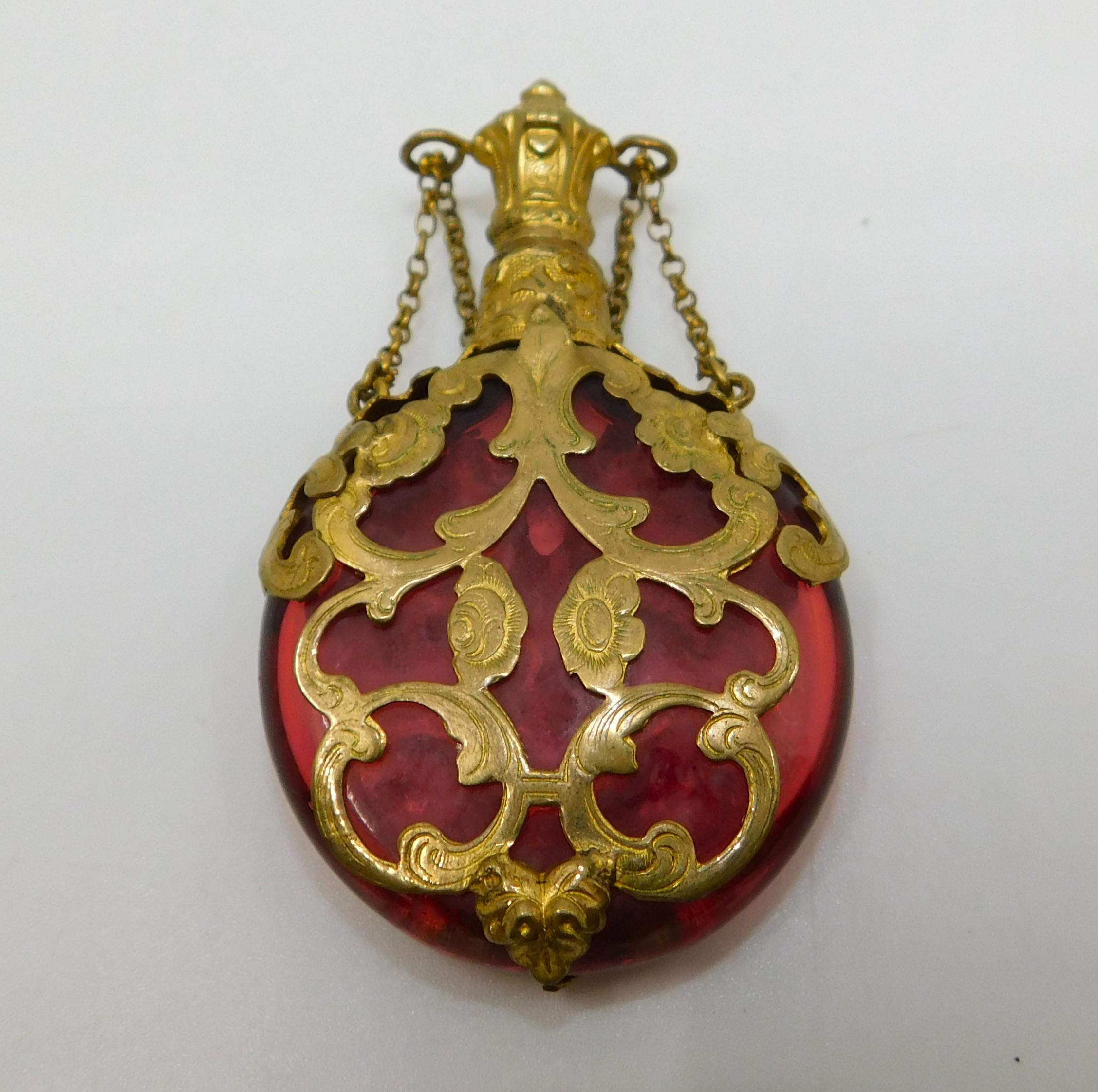 Art Glass Antique Cranberry Glass Chatelaine Perfume Bottle with Gold Filigree Circa 1880 For Sale