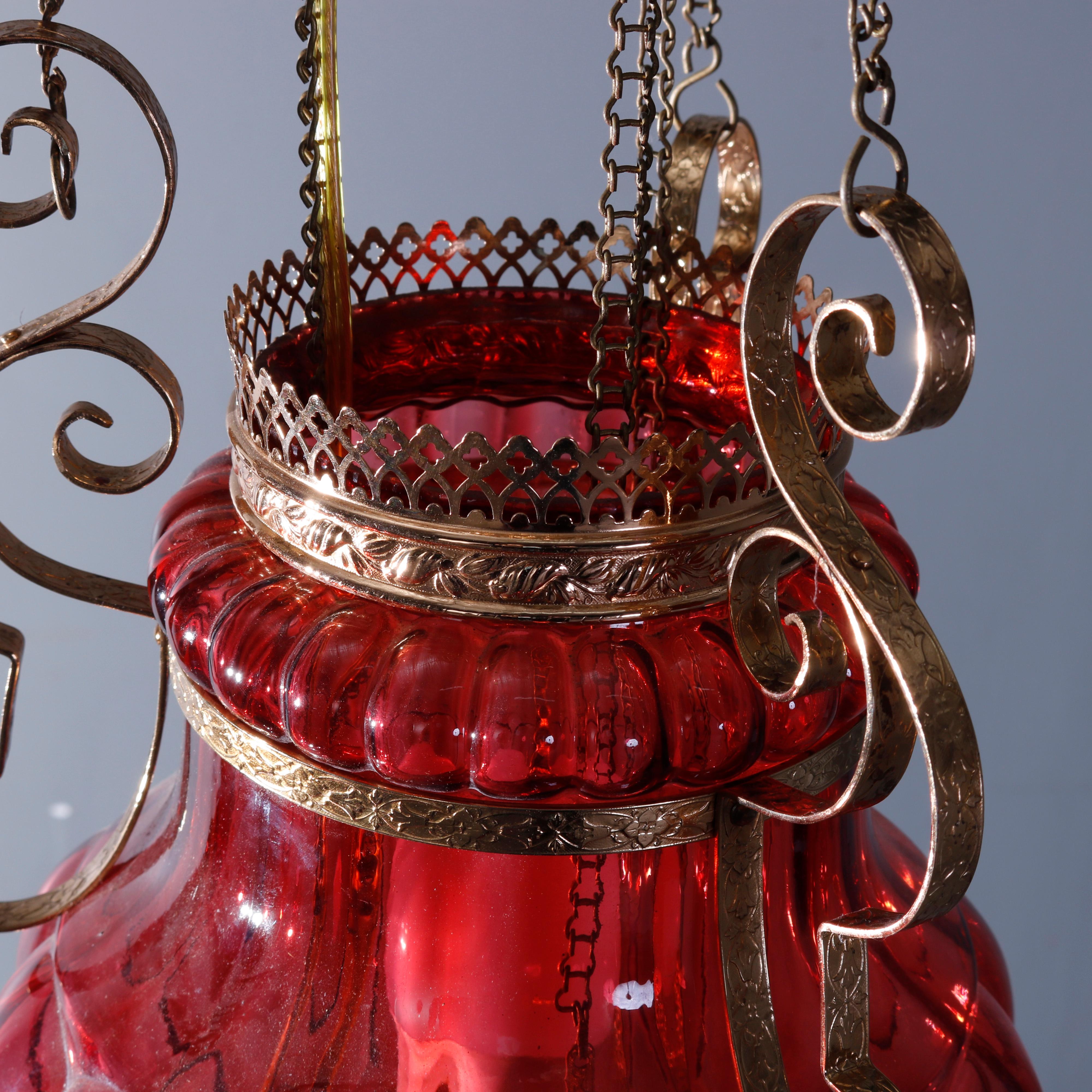 American Antique Cranberry Glass Hanging Hall Pendant Light Fixture circa 1890