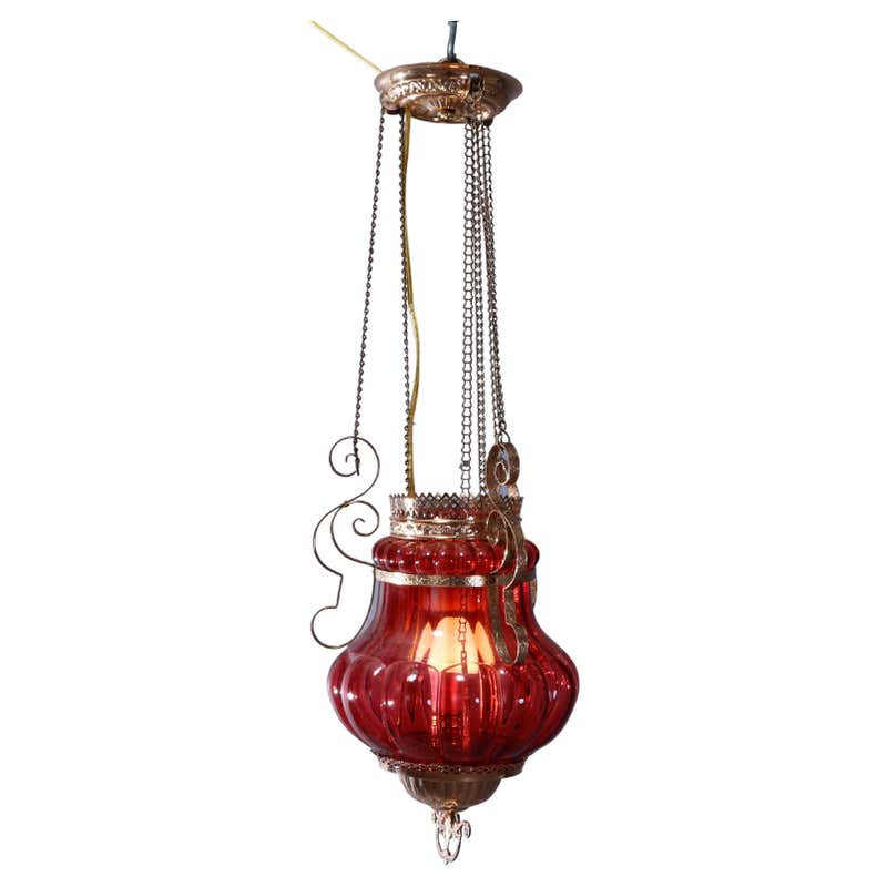 Antique Victorian Cranberry Ombre Glass and Brass Hanging Hall Light ...